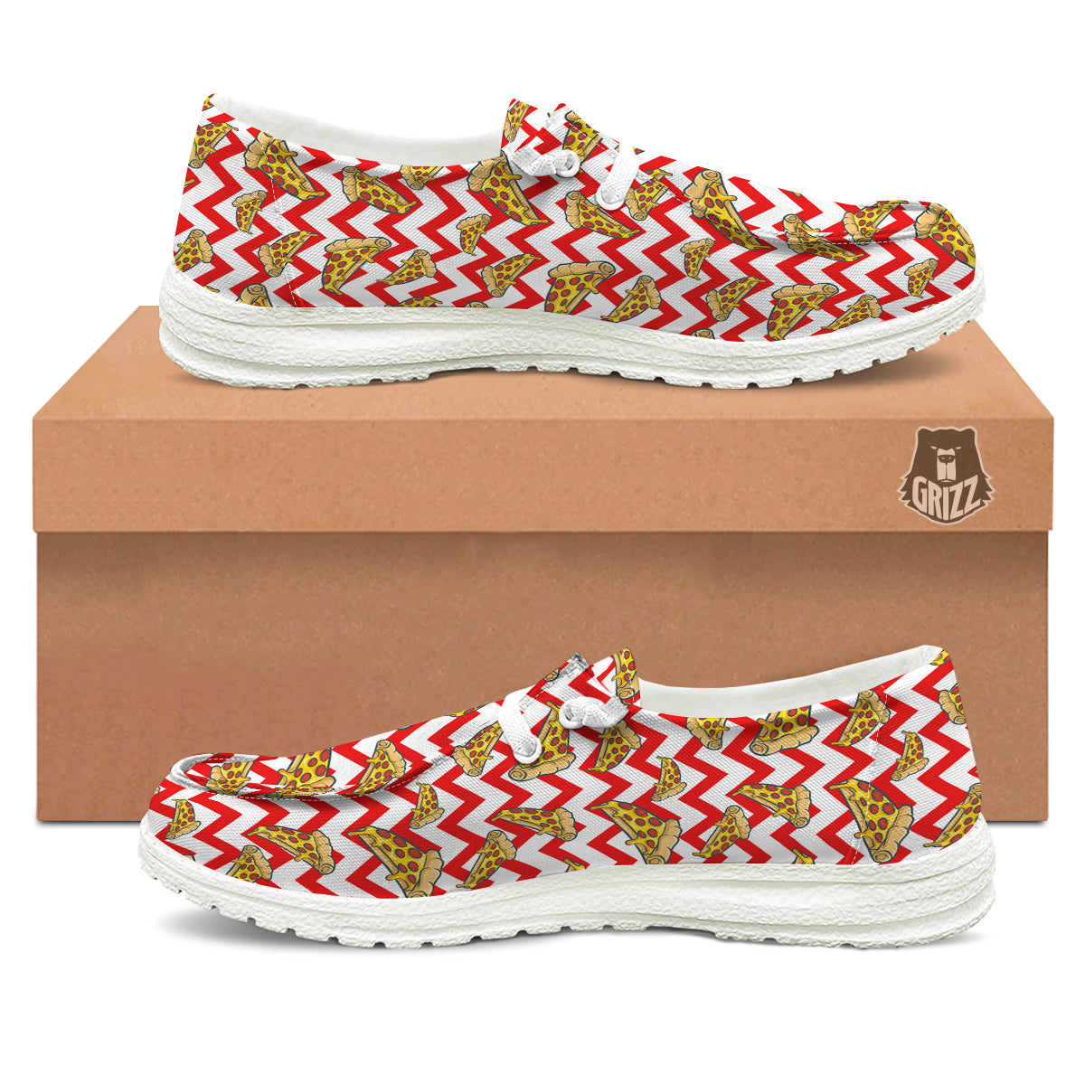 Red Zigzag Pizza Print Pattern White Loafers-grizzshop