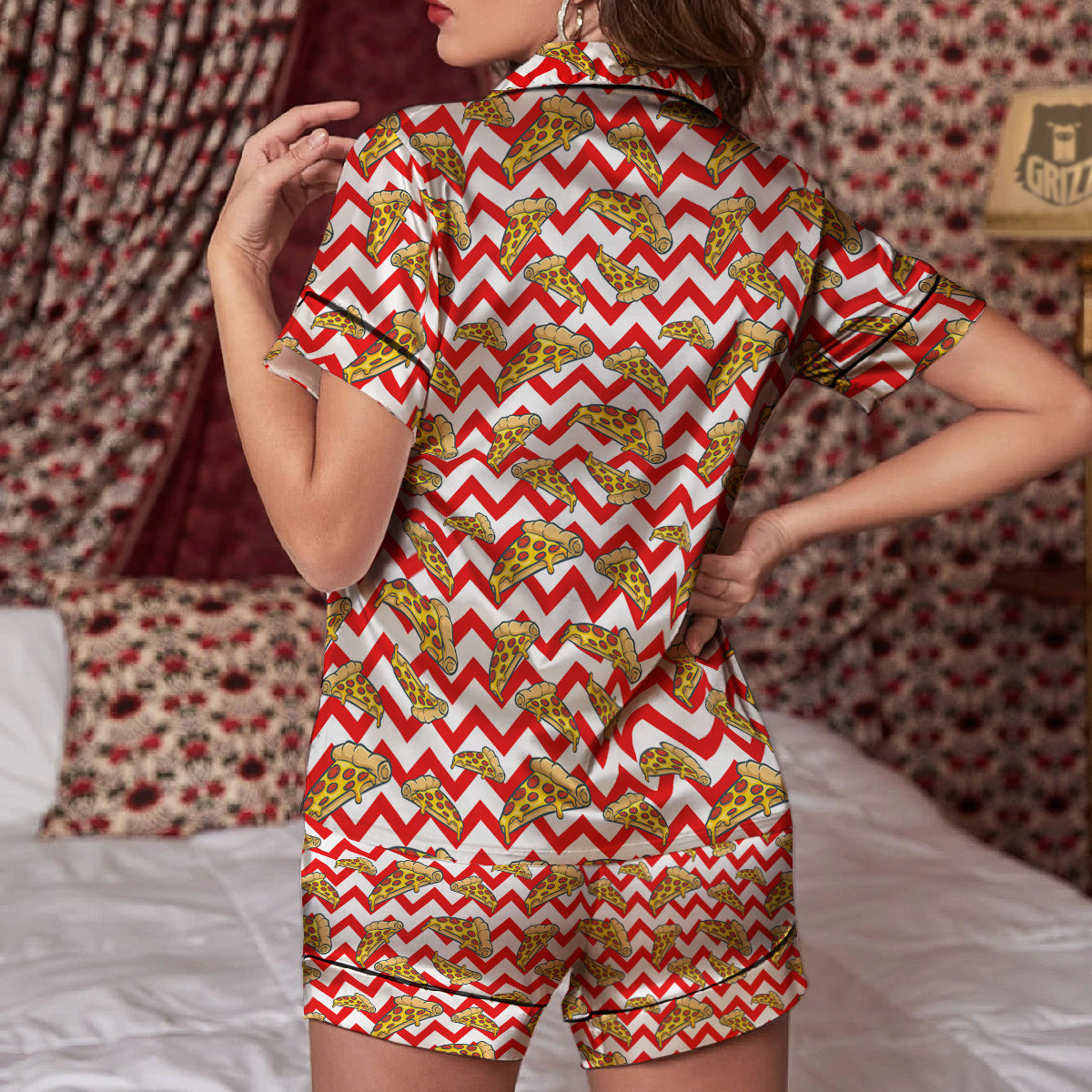 Red Zigzag Pizza Print Pattern Women Silk Pajamas-grizzshop