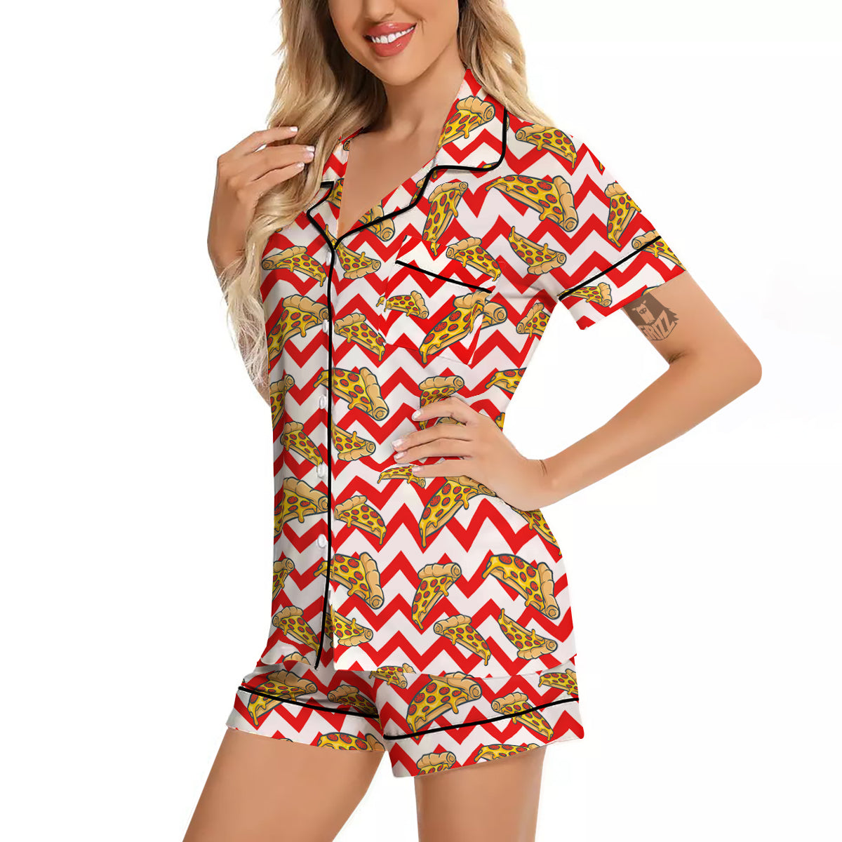 Red Zigzag Pizza Print Pattern Women Silk Pajamas-grizzshop