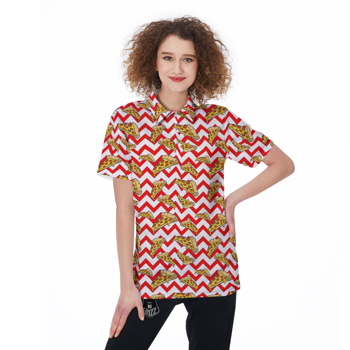 Red Zigzag Pizza Print Pattern Women's Golf Shirts-grizzshop