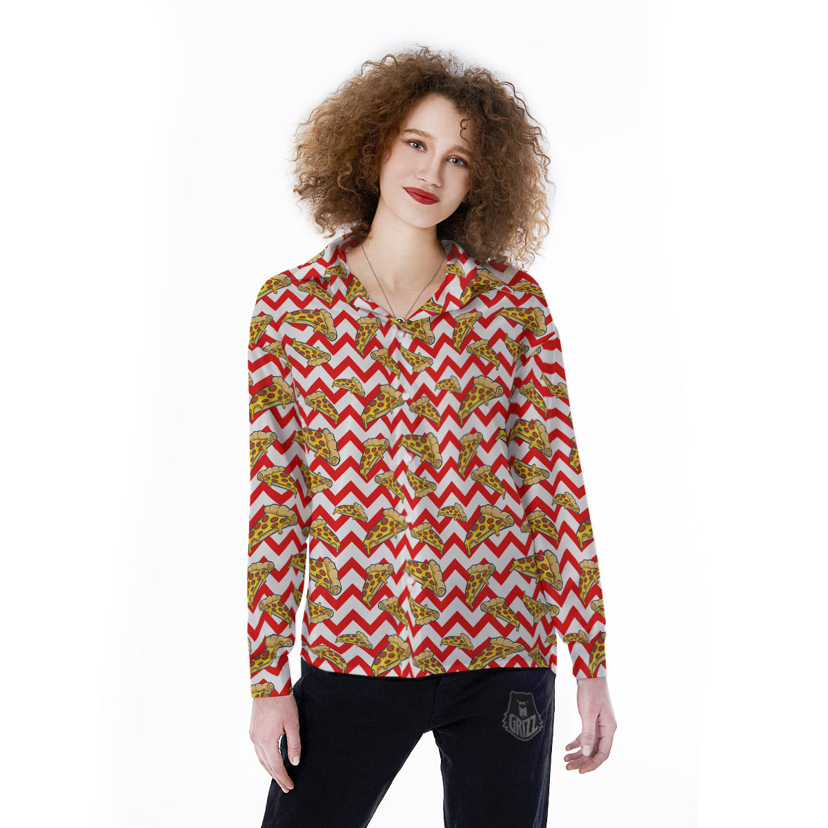 Red Zigzag Pizza Print Pattern Women's Long Sleeve Shirts-grizzshop