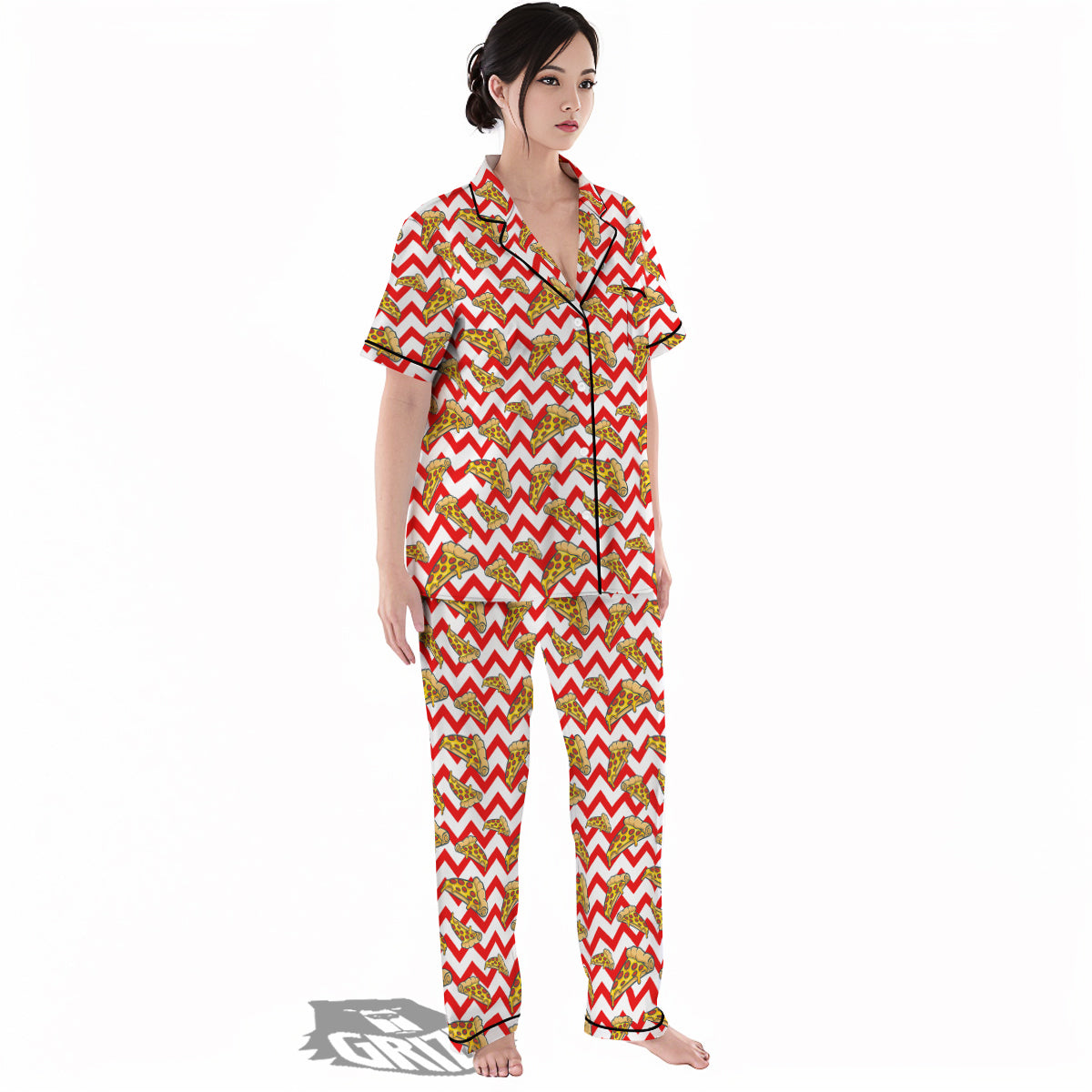 Red Zigzag Pizza Print Pattern Women's Pajamas Set-grizzshop