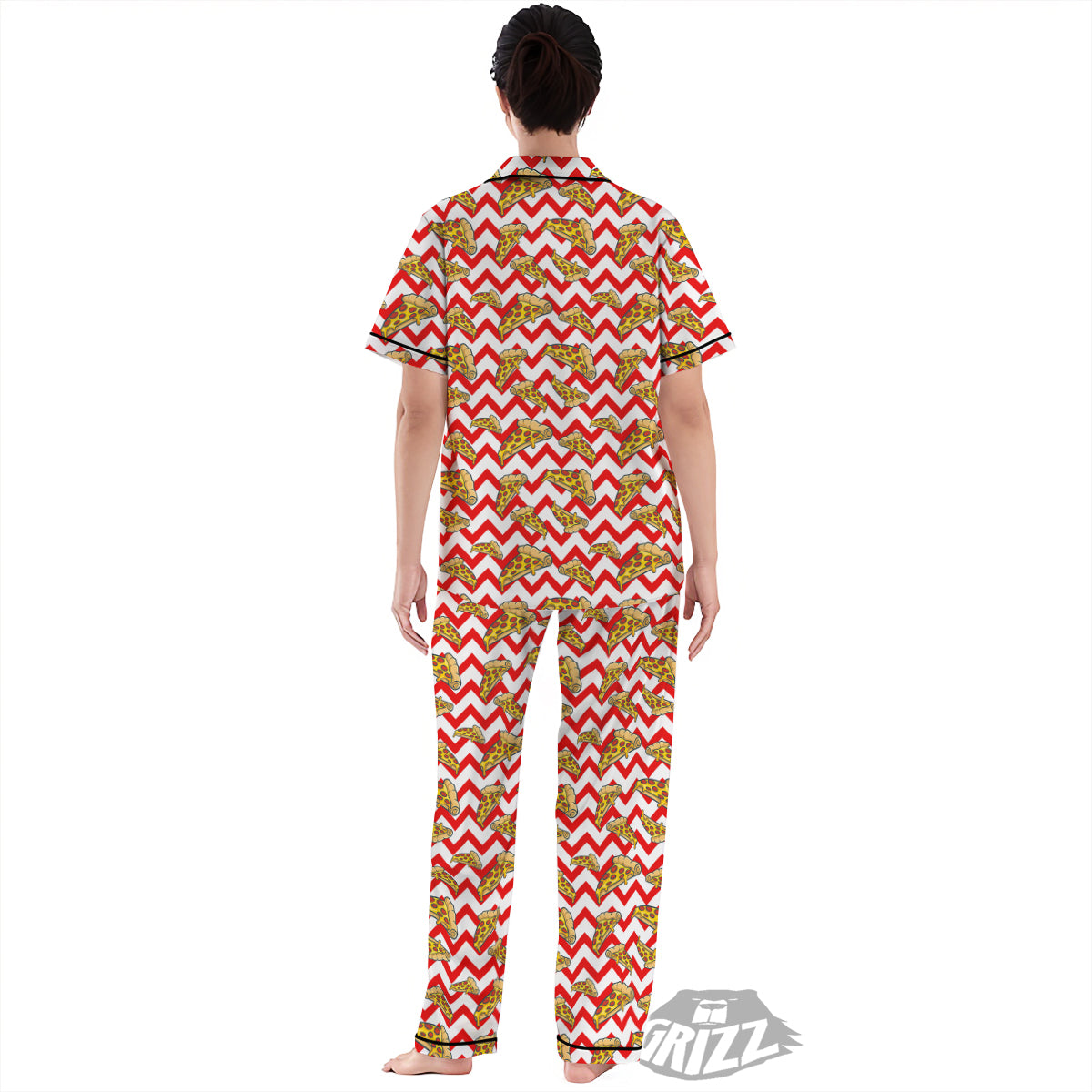 Red Zigzag Pizza Print Pattern Women's Pajamas Set-grizzshop