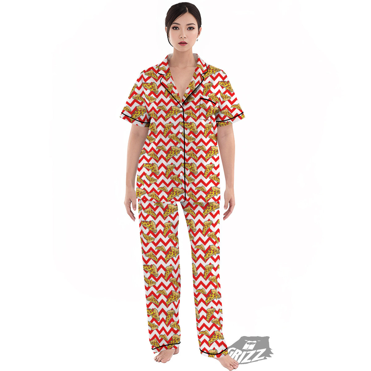 Red Zigzag Pizza Print Pattern Women's Pajamas Set-grizzshop