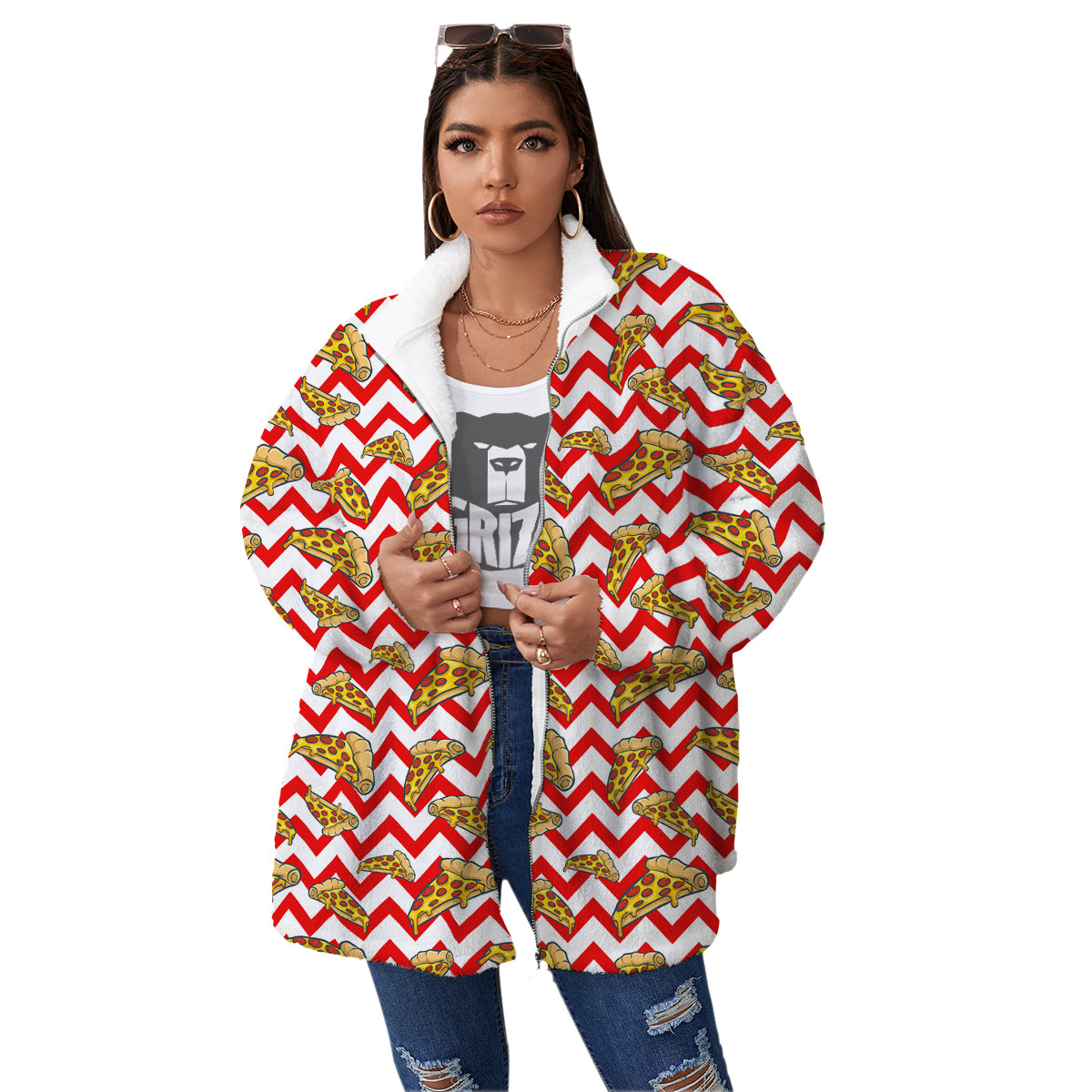 Red Zigzag Pizza Print Pattern Women's Sherpa Jacket-grizzshop