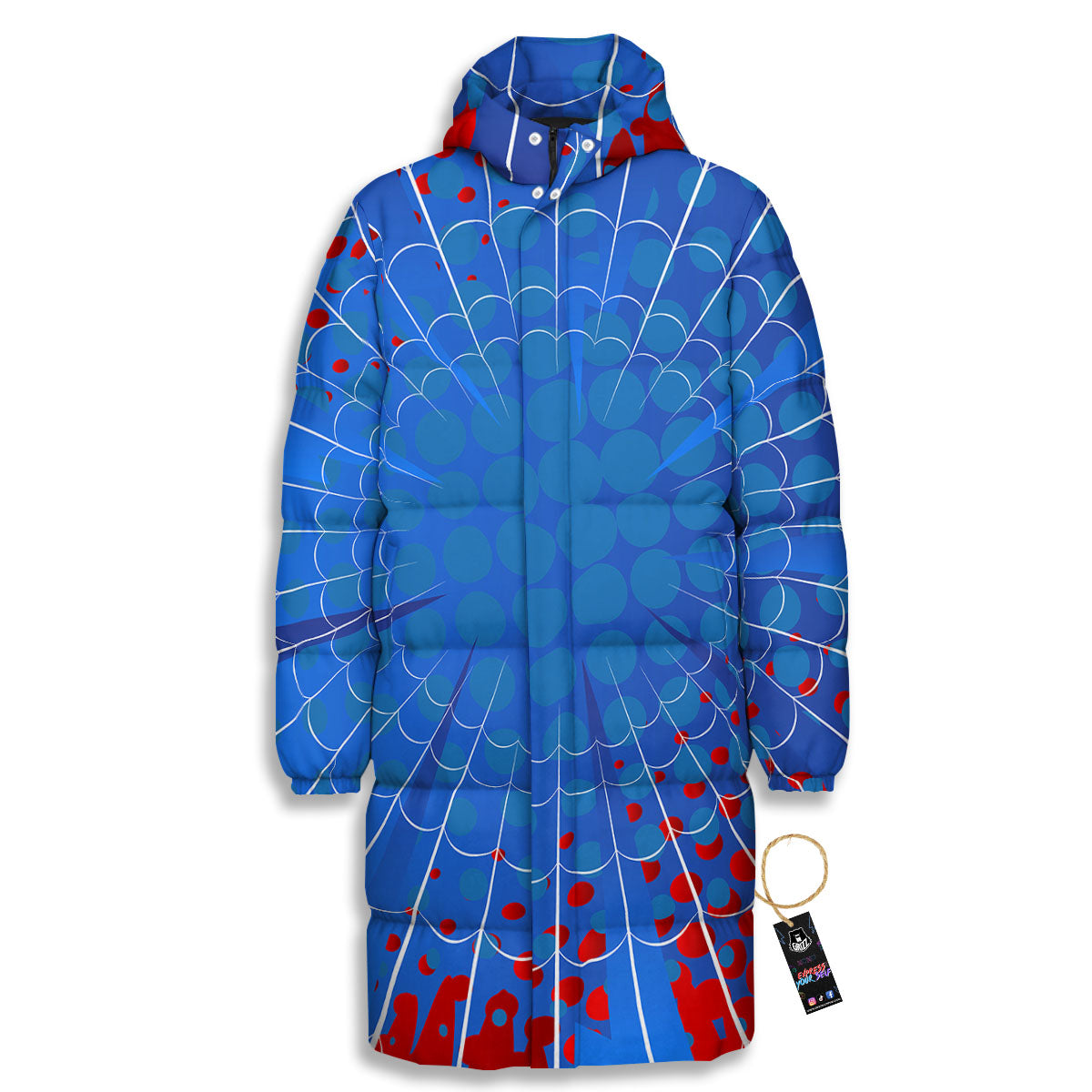 Red And Blue Spider Web Cartoon Print Long Down Jacket