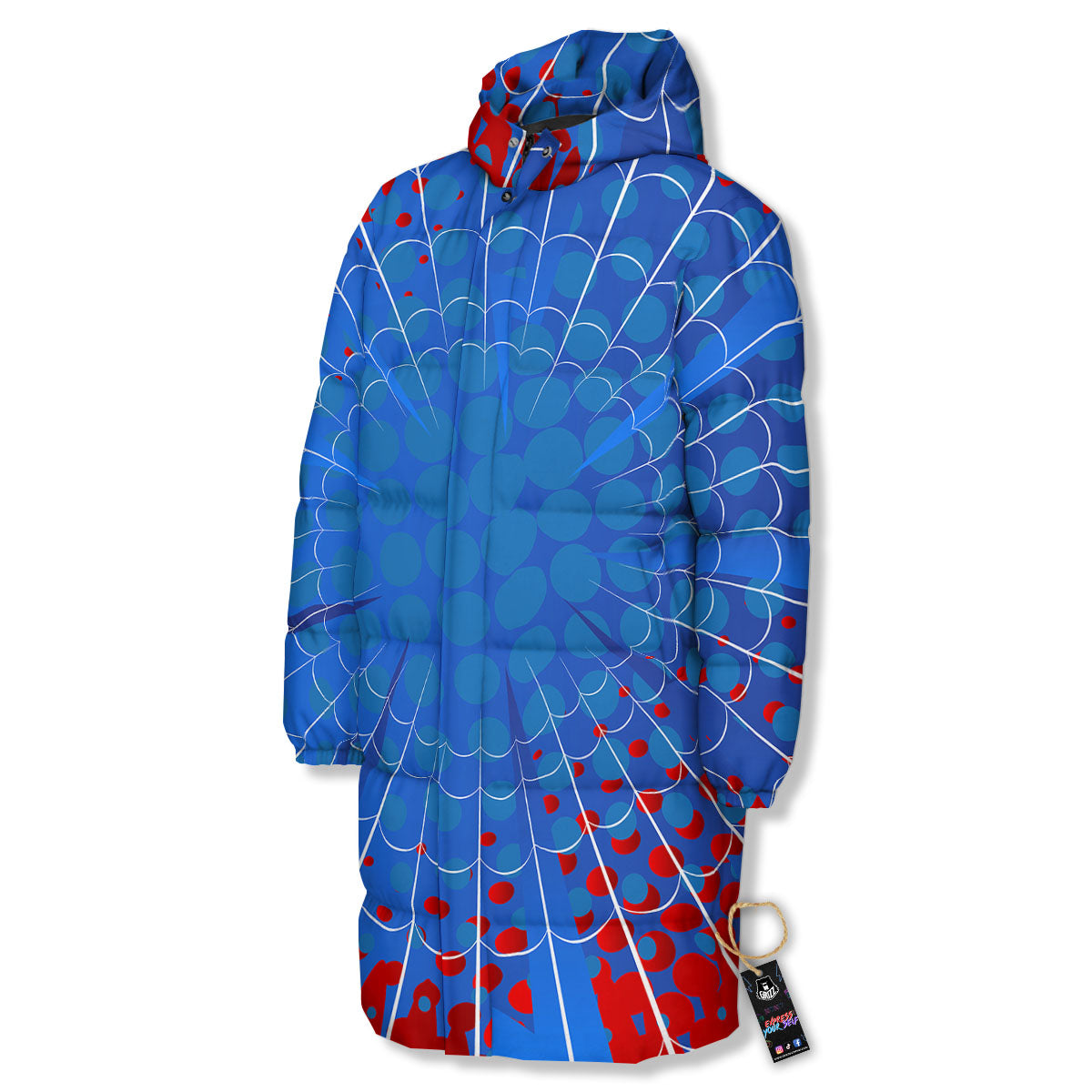 Red And Blue Spider Web Cartoon Print Long Down Jacket