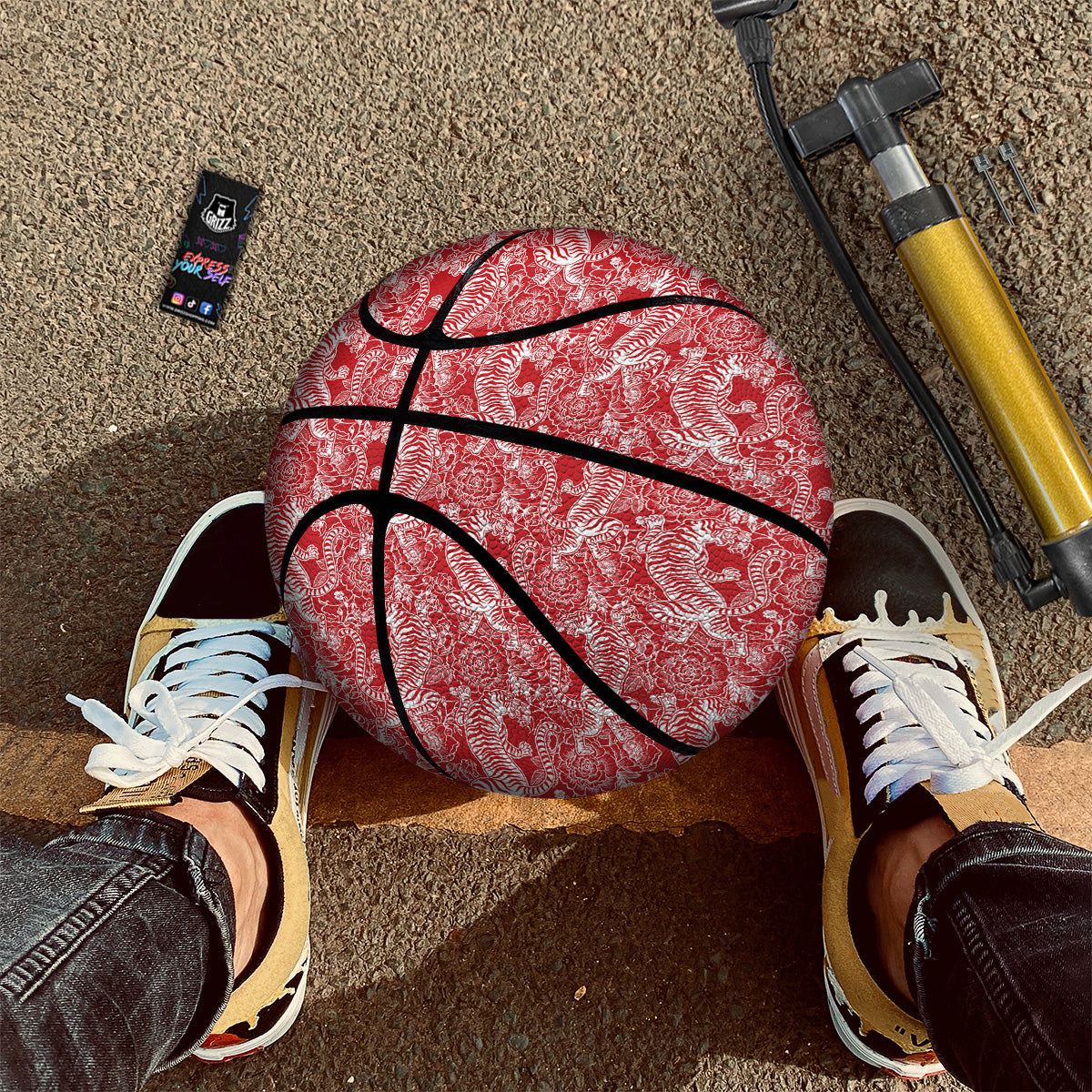 Red And White Chinese Tiger Print Pattern Basketball