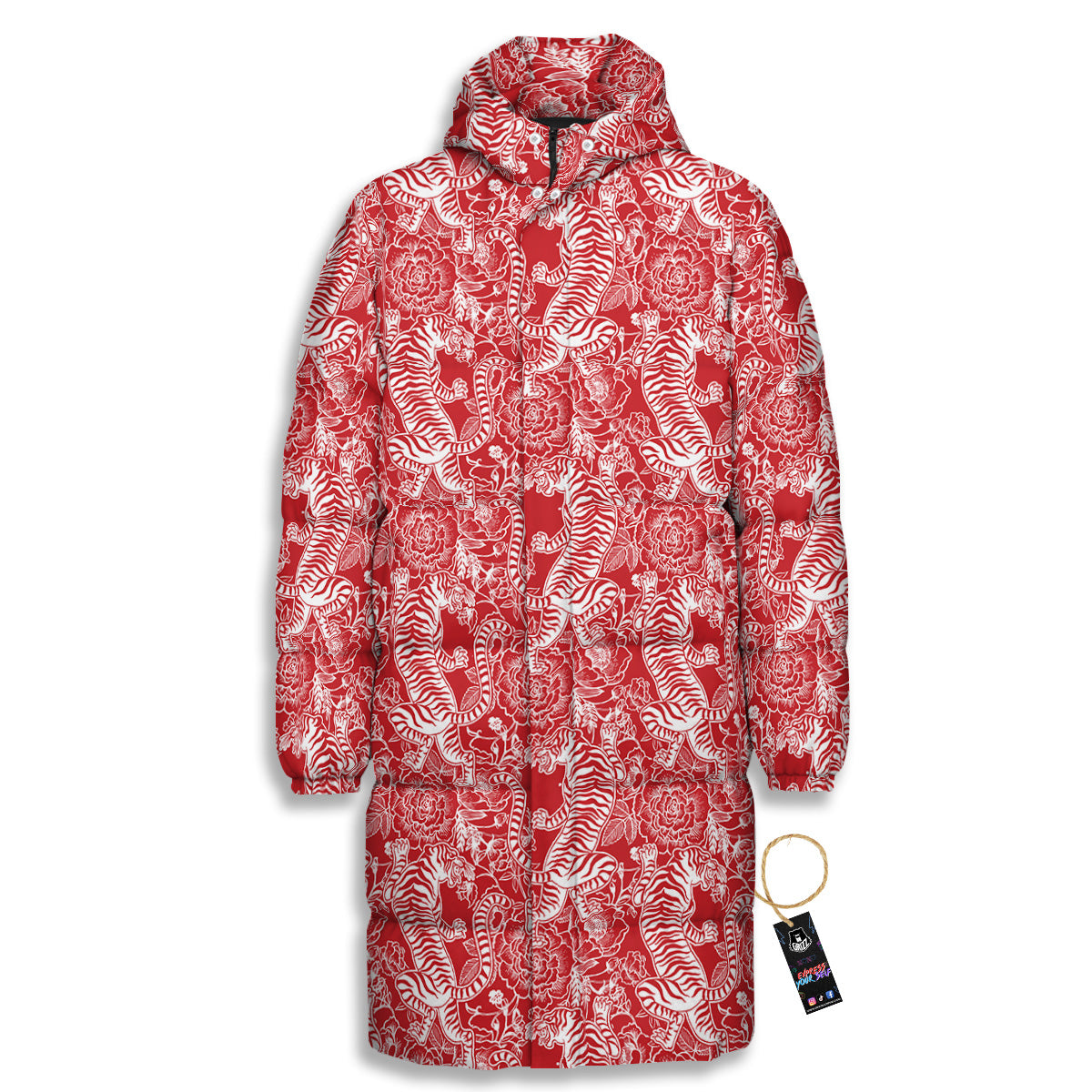Red And White Chinese Tiger Print Pattern Long Down Jacket