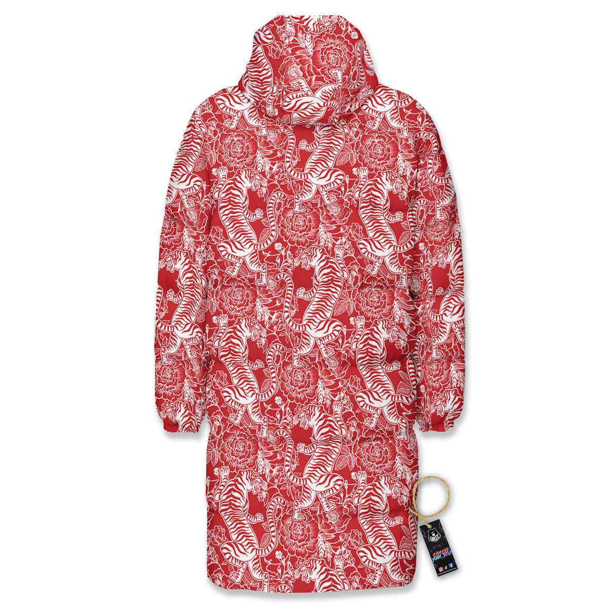 Red And White Chinese Tiger Print Pattern Long Down Jacket