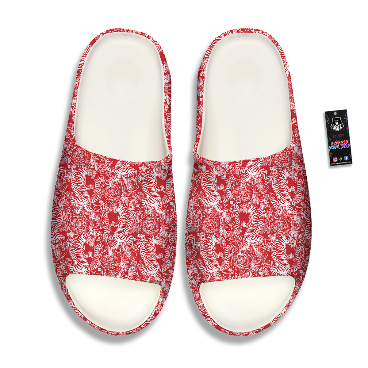 Red And White Chinese Tiger Print Pattern Sandals-grizzshop
