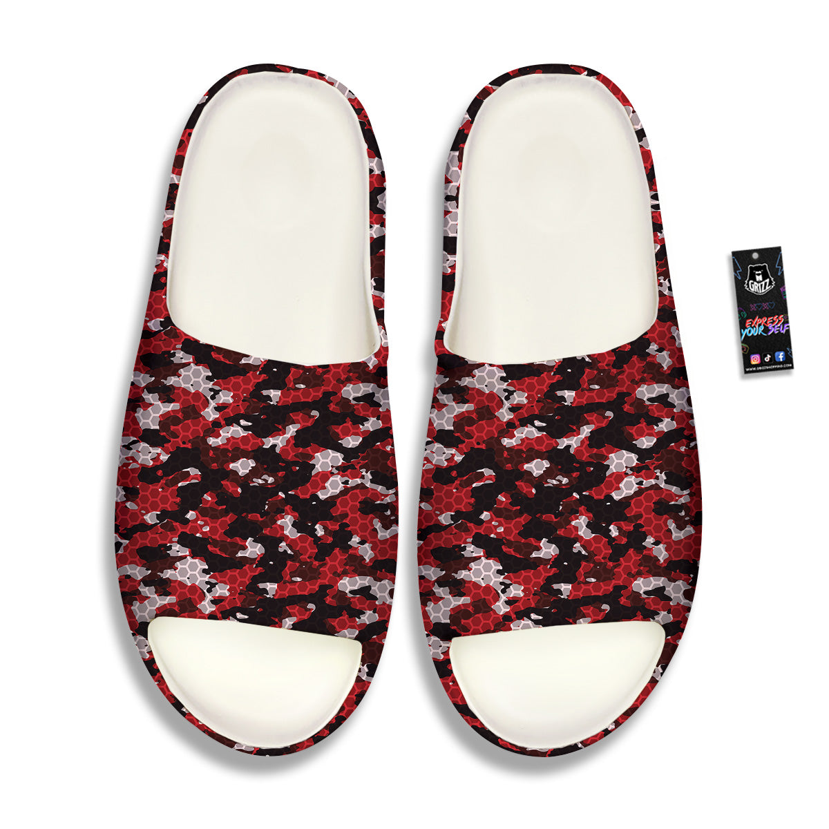 Red Black Hi Tech Camo Hexagonal Grid Print Pattern Sandals-grizzshop