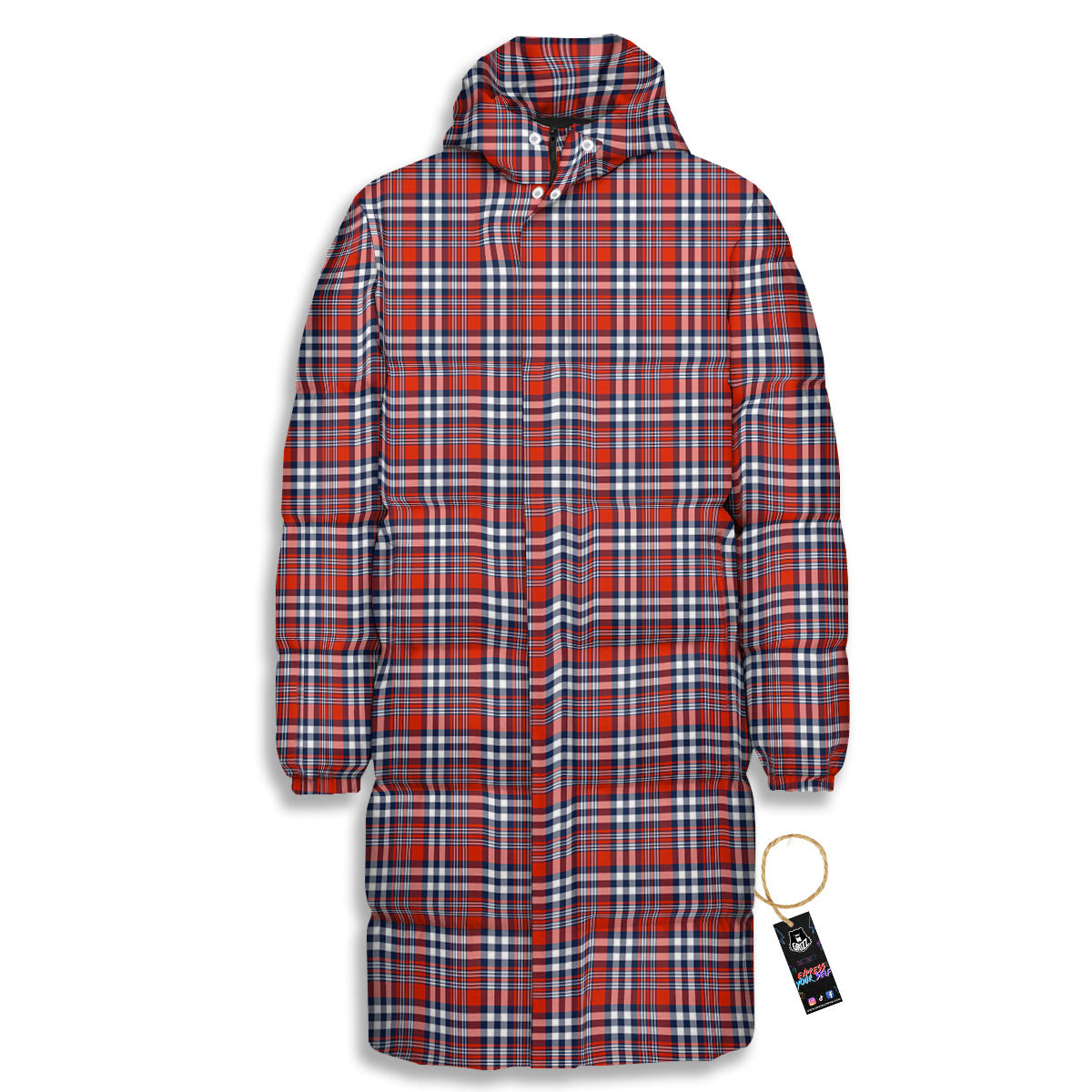 Red Blue And White Check Print Pattern Long Down Jacket