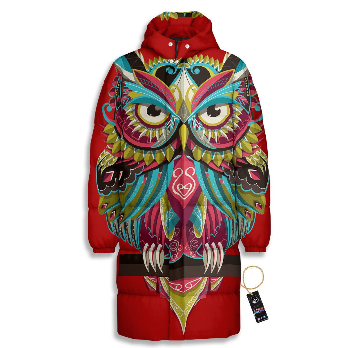 Red Colorful Owl Print Long Down Jacket
