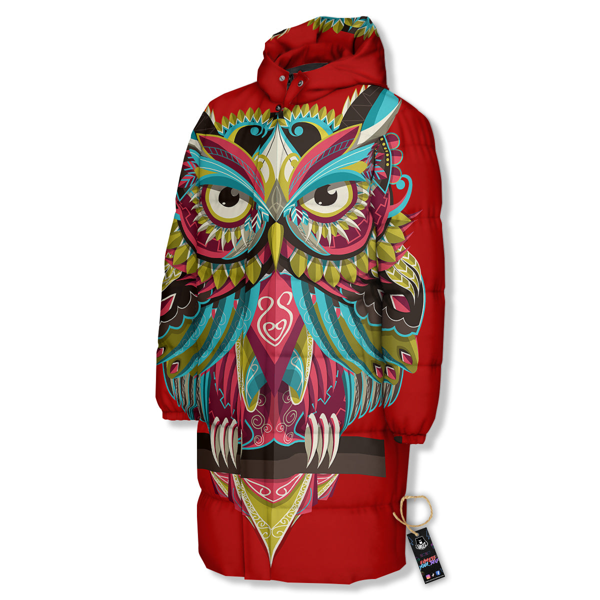 Red Colorful Owl Print Long Down Jacket