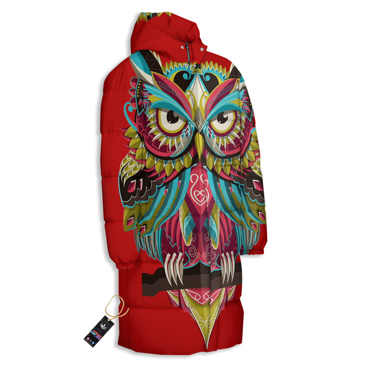 Red Colorful Owl Print Long Down Jacket