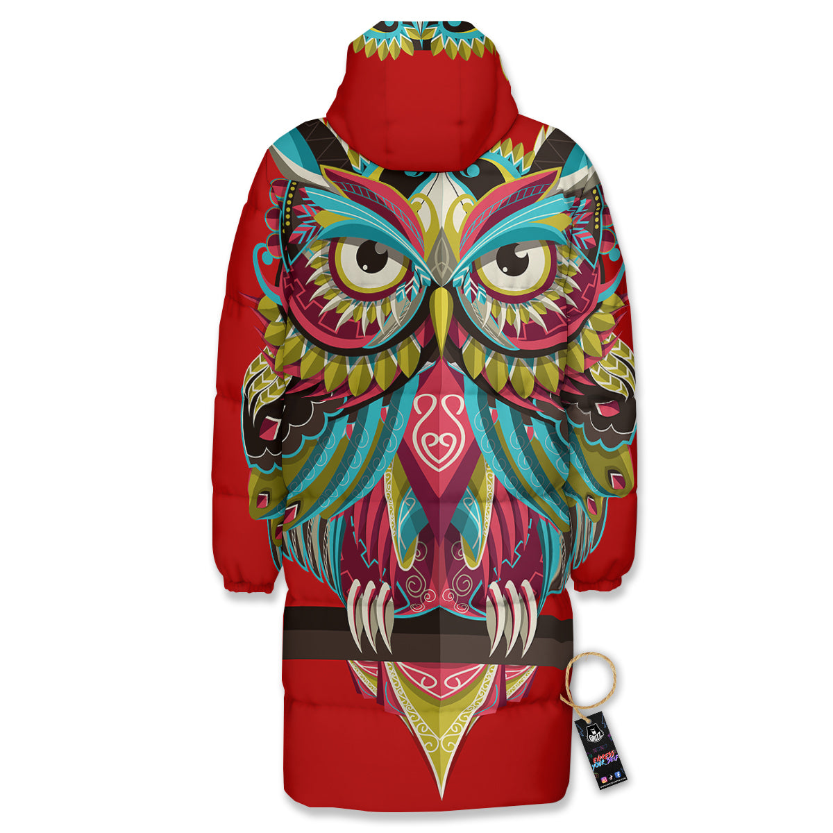Red Colorful Owl Print Long Down Jacket
