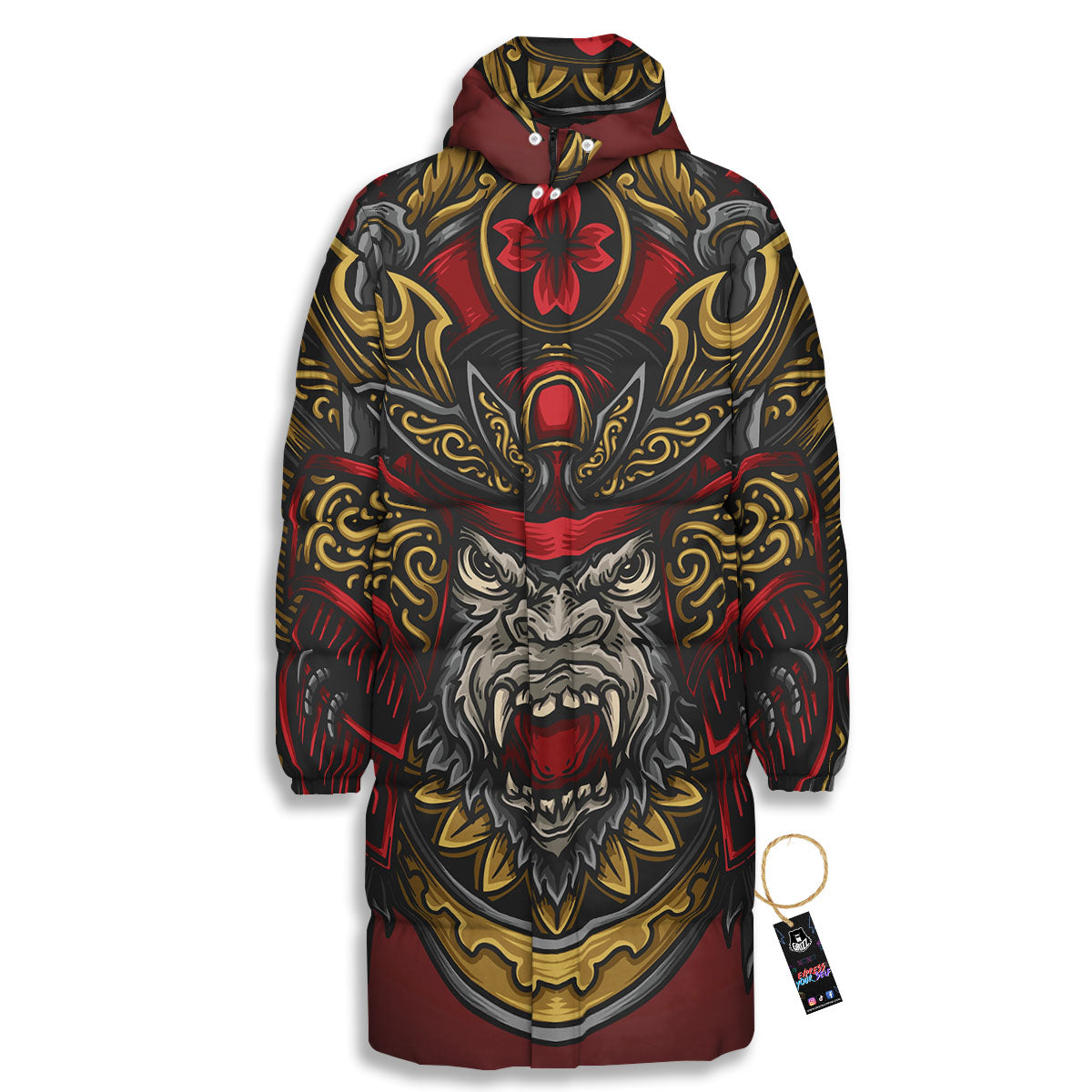 Red Gorilla Samurai Print Long Down Jacket