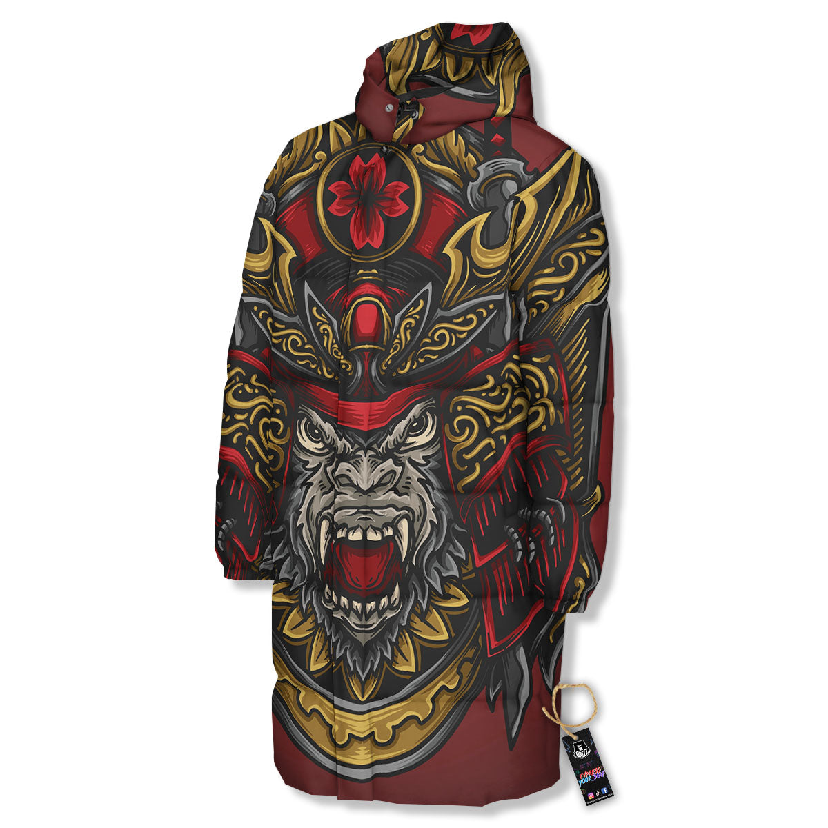 Red Gorilla Samurai Print Long Down Jacket