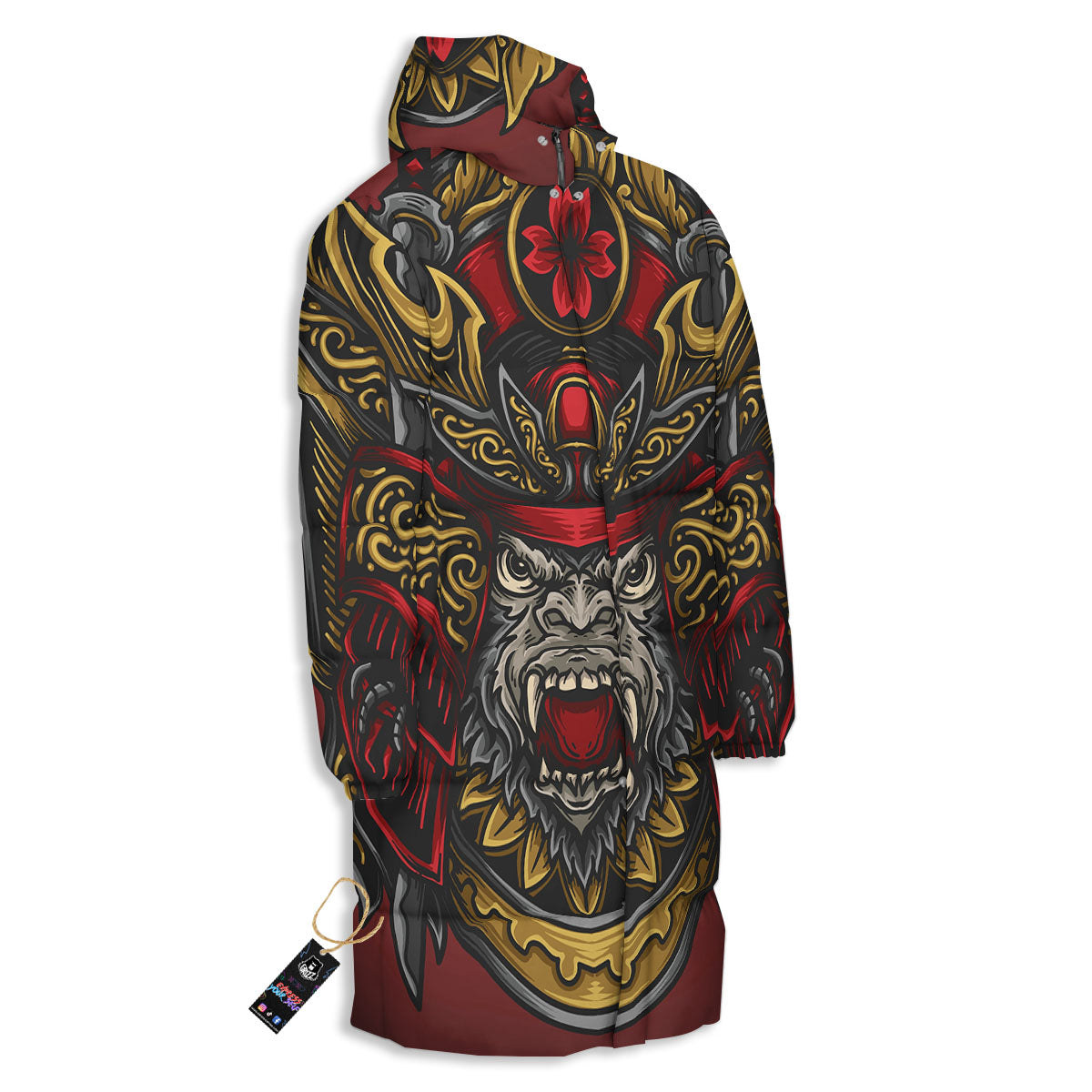 Red Gorilla Samurai Print Long Down Jacket