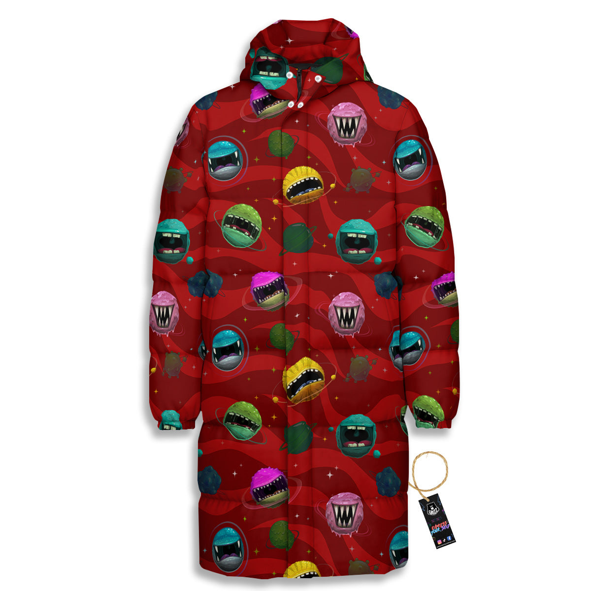 Red Monster Planets Print Pattern Long Down Jacket