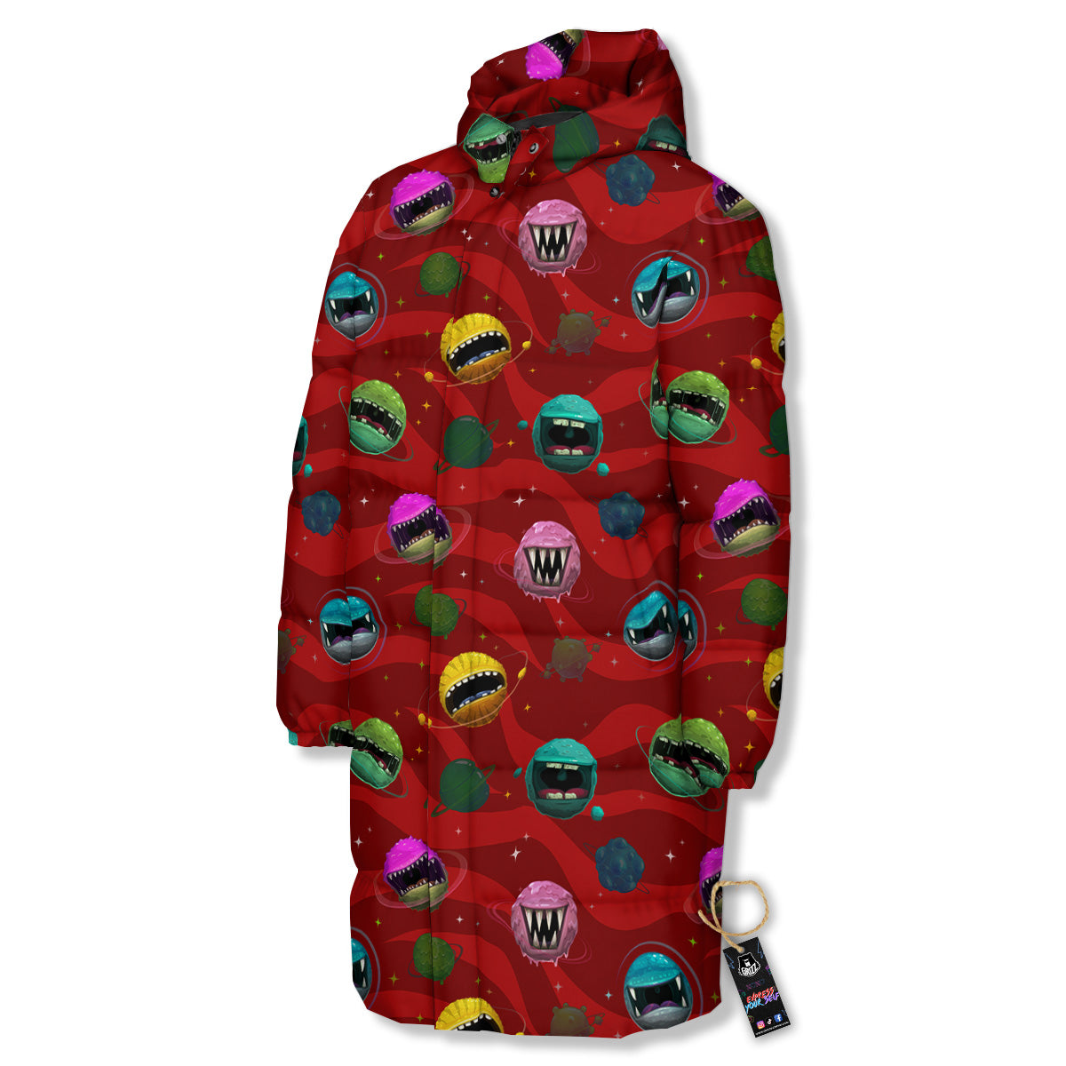 Red Monster Planets Print Pattern Long Down Jacket