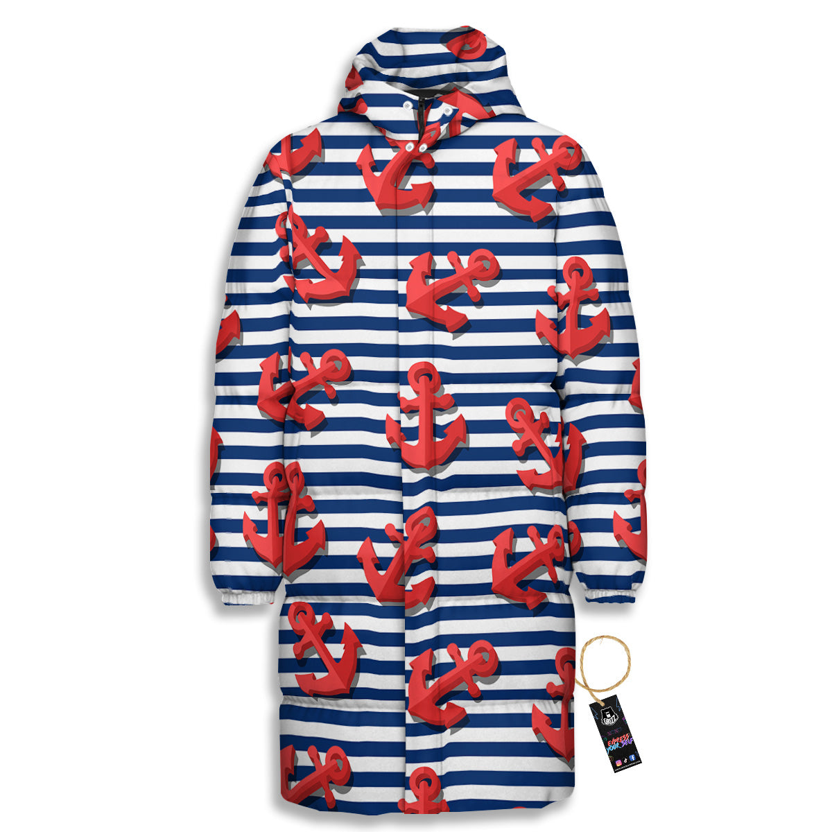 Red Nautical Anchor Blue Striped Print Long Down Jacket
