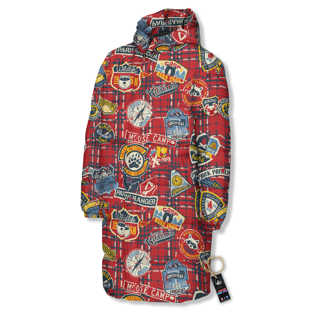 Red Plaid Mountain Camp Tartan Print Long Down Jacket