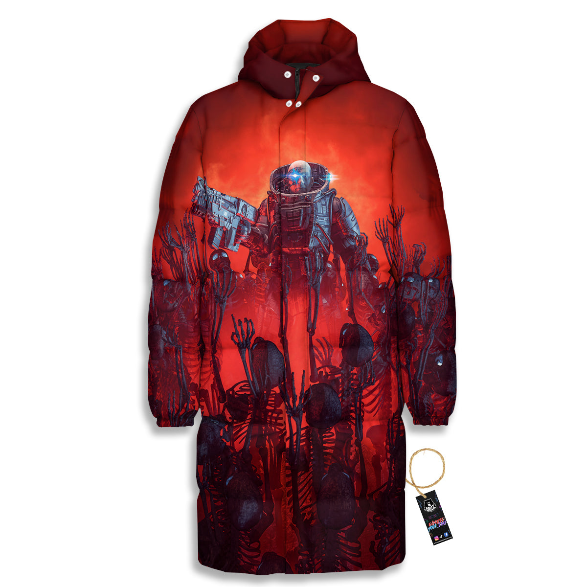 Red Robot And Skeleton Troop Print Long Down Jacket