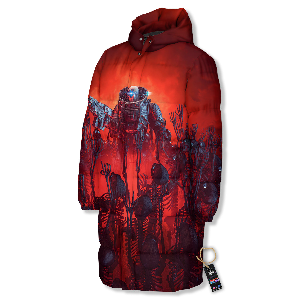 Red Robot And Skeleton Troop Print Long Down Jacket