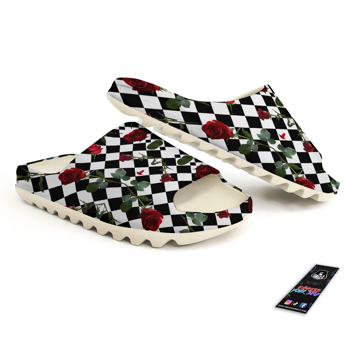 Red Roses And Argyle Print Pattern Sandals-grizzshop