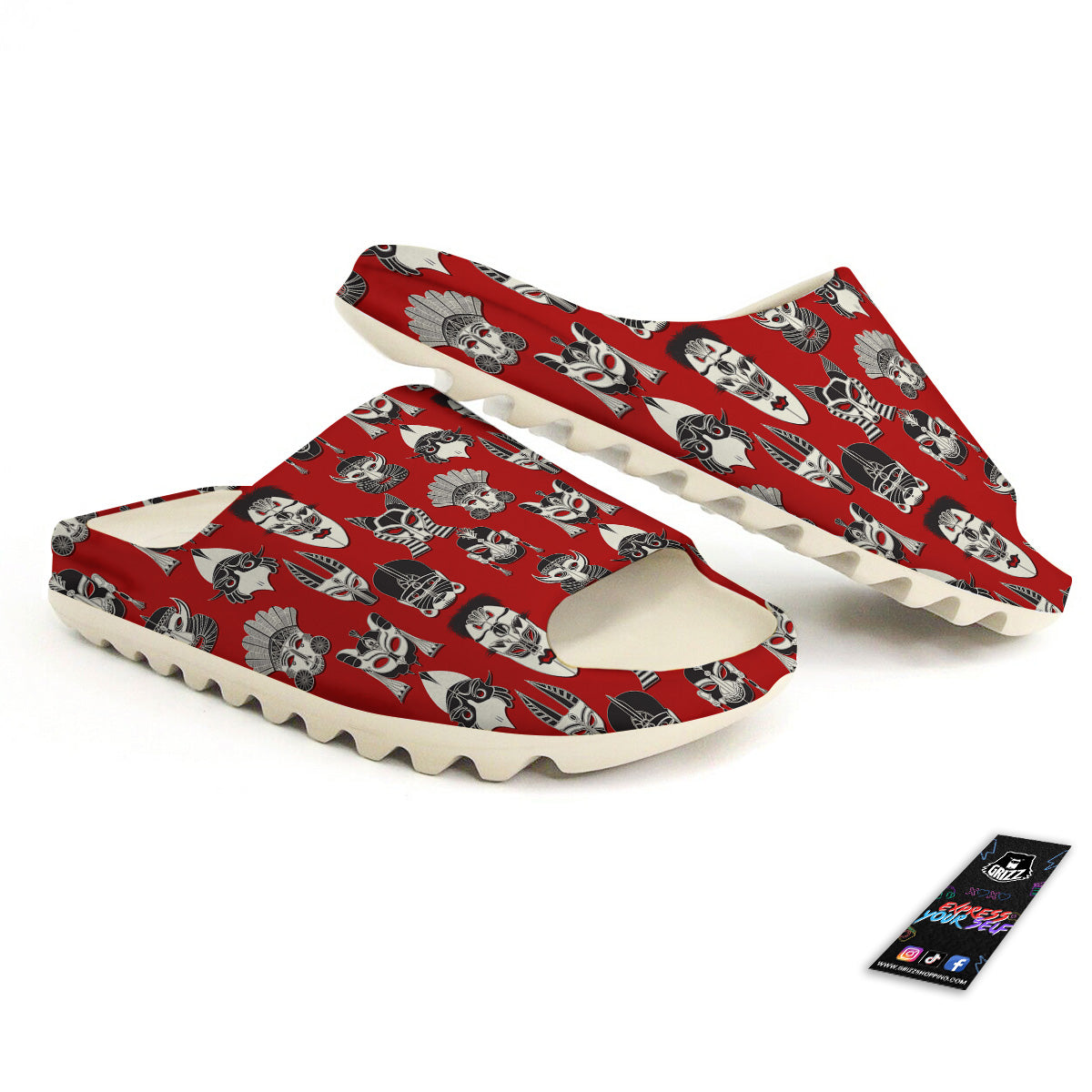 Red White Tribal Mask Print Pattern Sandals-grizzshop