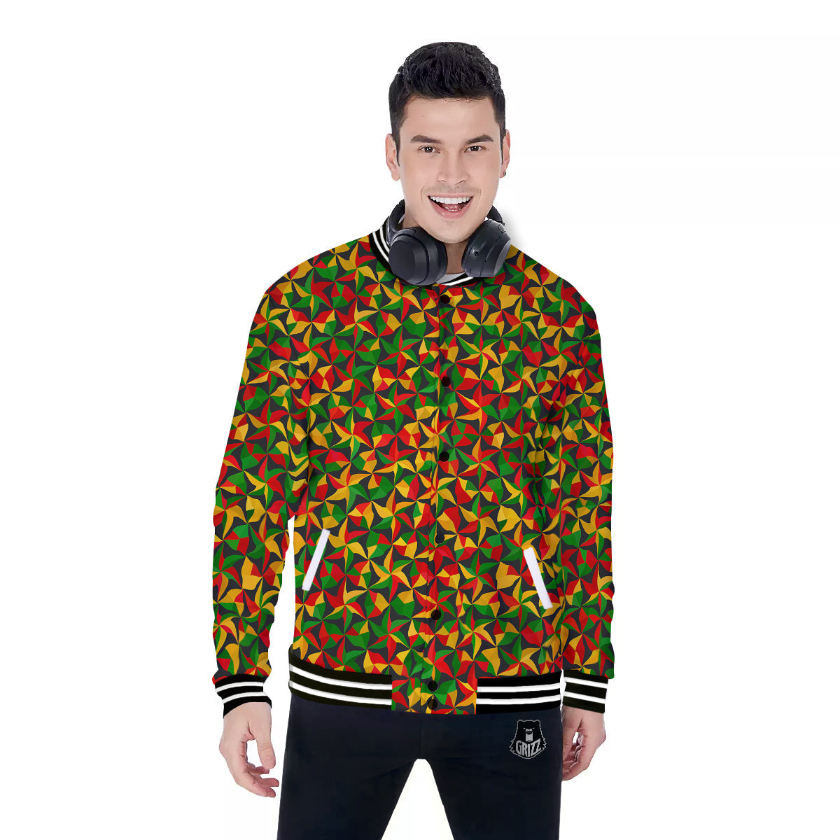 Reggae Abstract Geometric Print Pattern Baseball Jacket-grizzshop