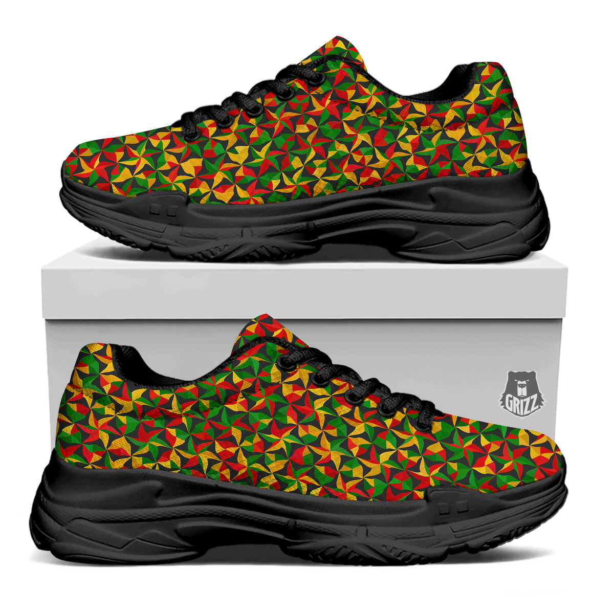 Reggae Abstract Geometric Print Pattern Black Chunky Shoes-grizzshop