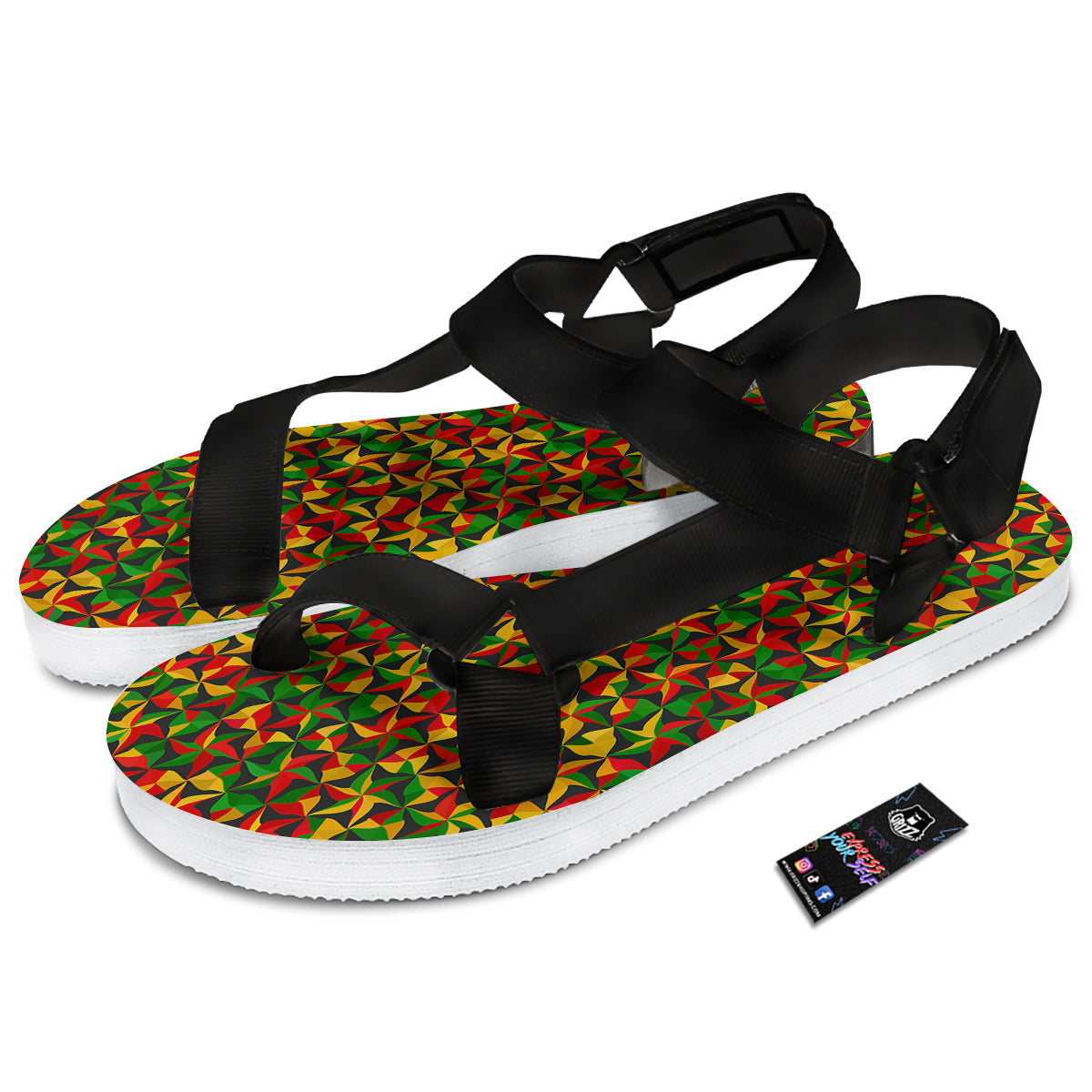 Reggae Abstract Geometric Print Pattern Black Open Toe Sandals-grizzshop