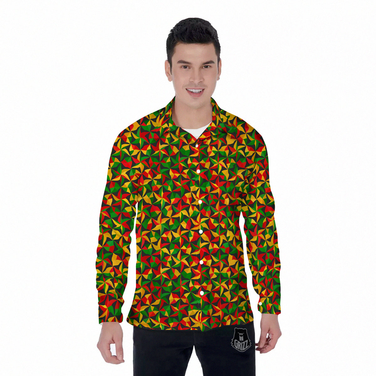 Reggae Abstract Geometric Print Pattern Men's Long Sleeve Shirts-grizzshop
