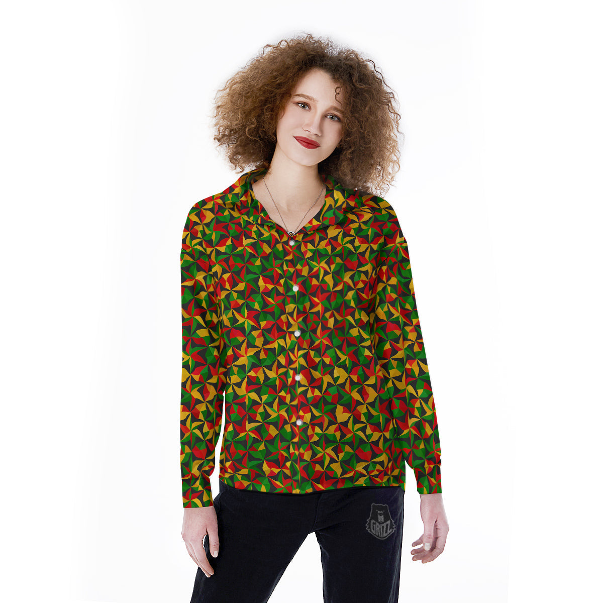 Reggae Abstract Geometric Print Pattern Women's Long Sleeve Shirts-grizzshop