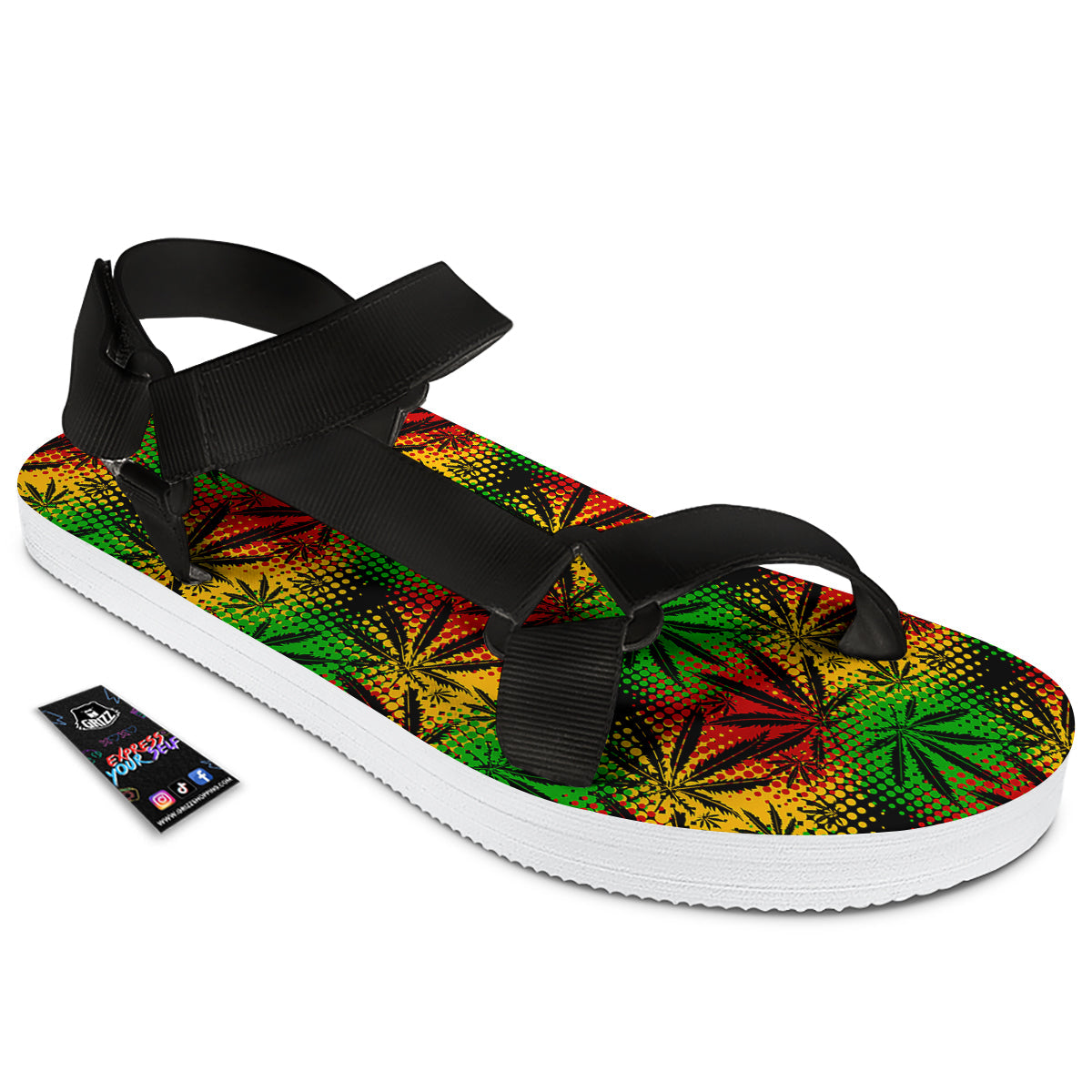 Reggae Abstract Print Pattern Black Open Toe Sandals-grizzshop