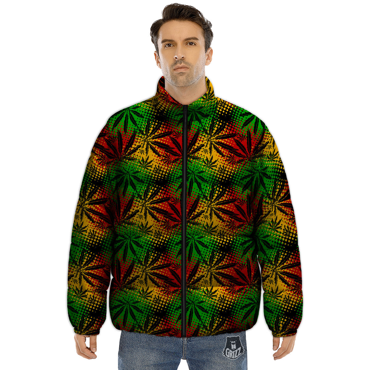 Reggae Abstract Print Pattern Puffer Jacket-grizzshop