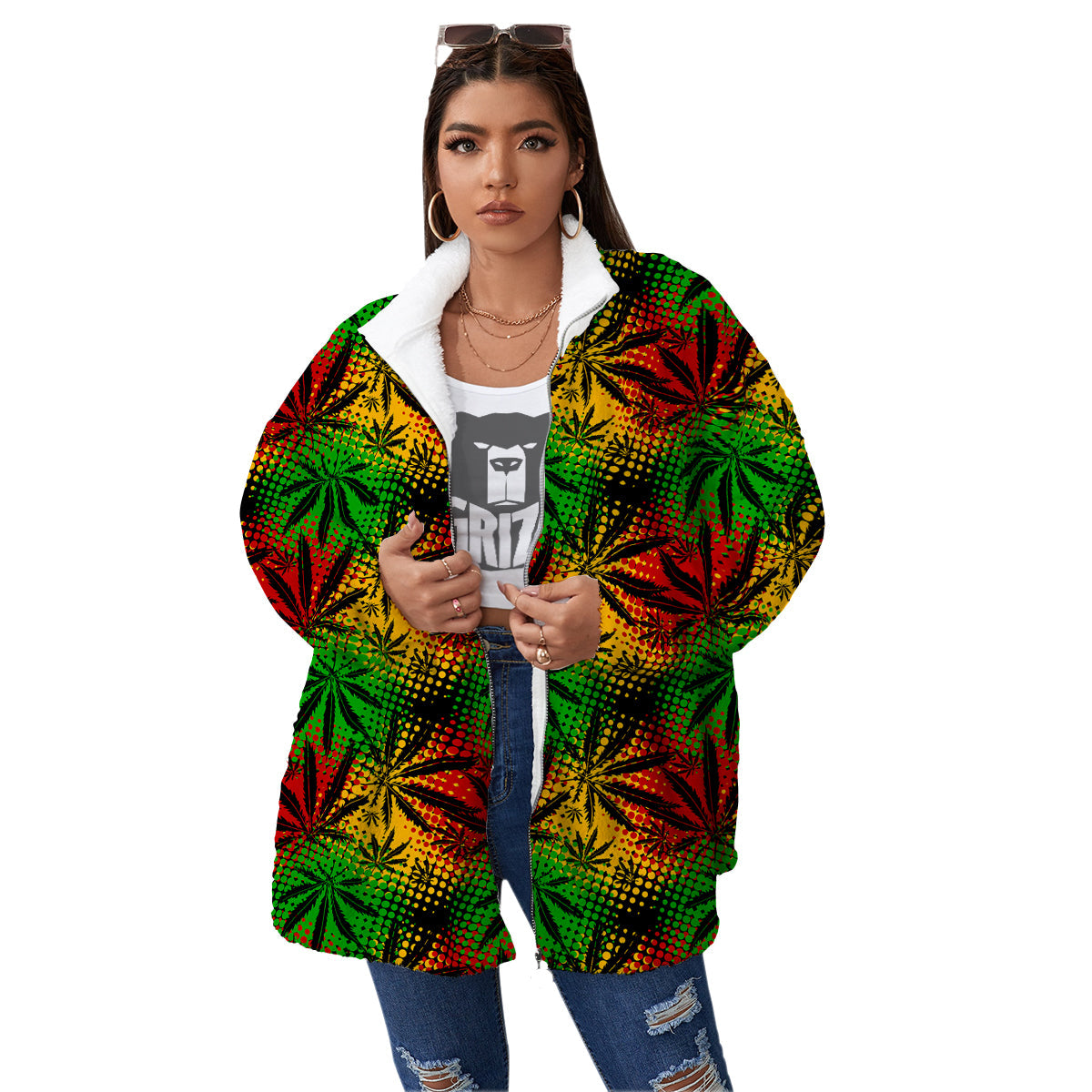 Reggae Abstract Print Pattern Women's Sherpa Jacket-grizzshop