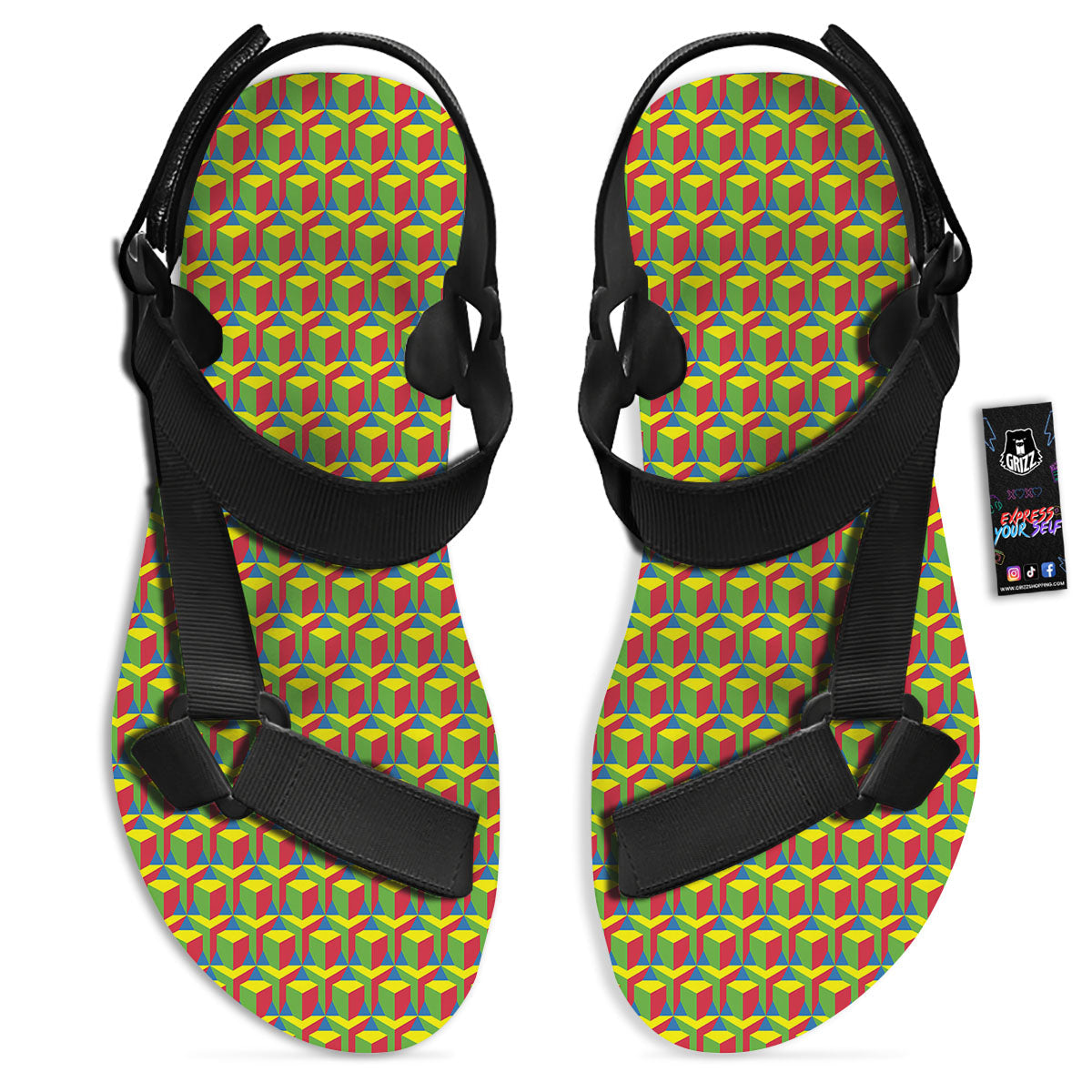 Reggae Geometric Print Pattern Black Open Toe Sandals-grizzshop
