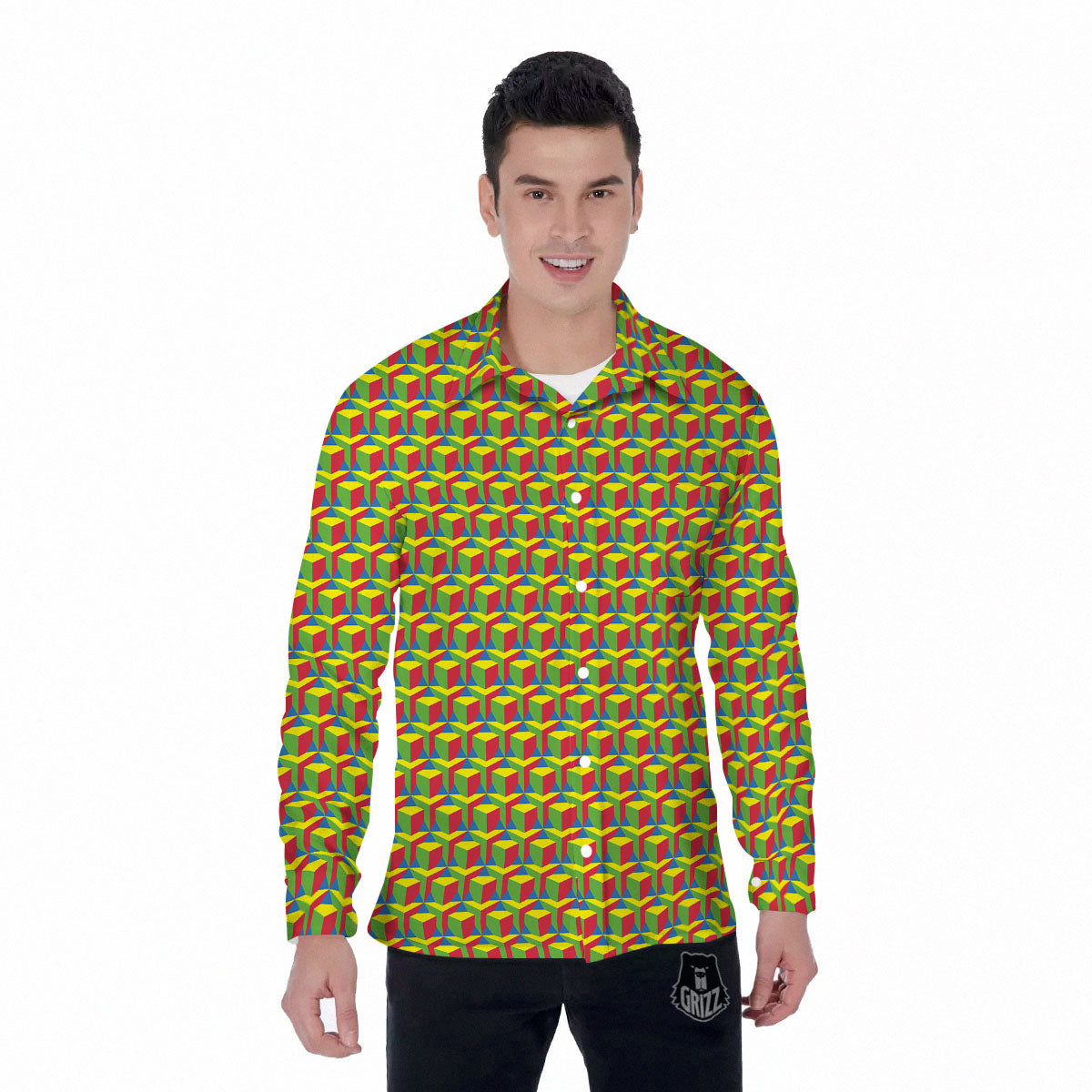Reggae Geometric Print Pattern Men's Long Sleeve Shirts-grizzshop