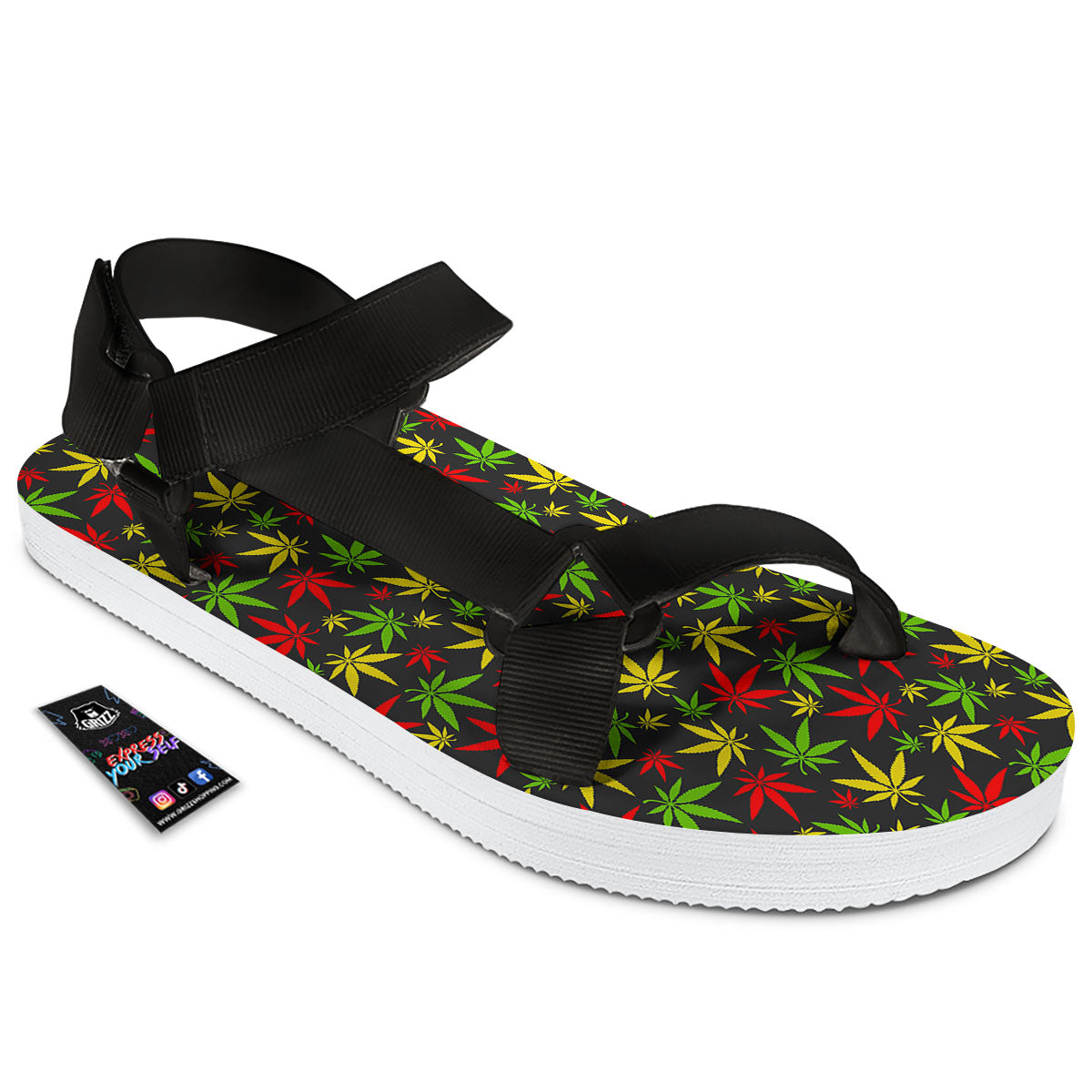 Reggae Hemp Leaf Print Pattern Black Open Toe Sandals-grizzshop