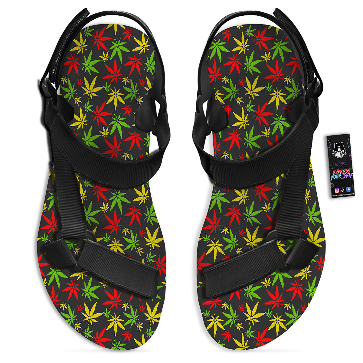 Reggae Hemp Leaf Print Pattern Black Open Toe Sandals-grizzshop
