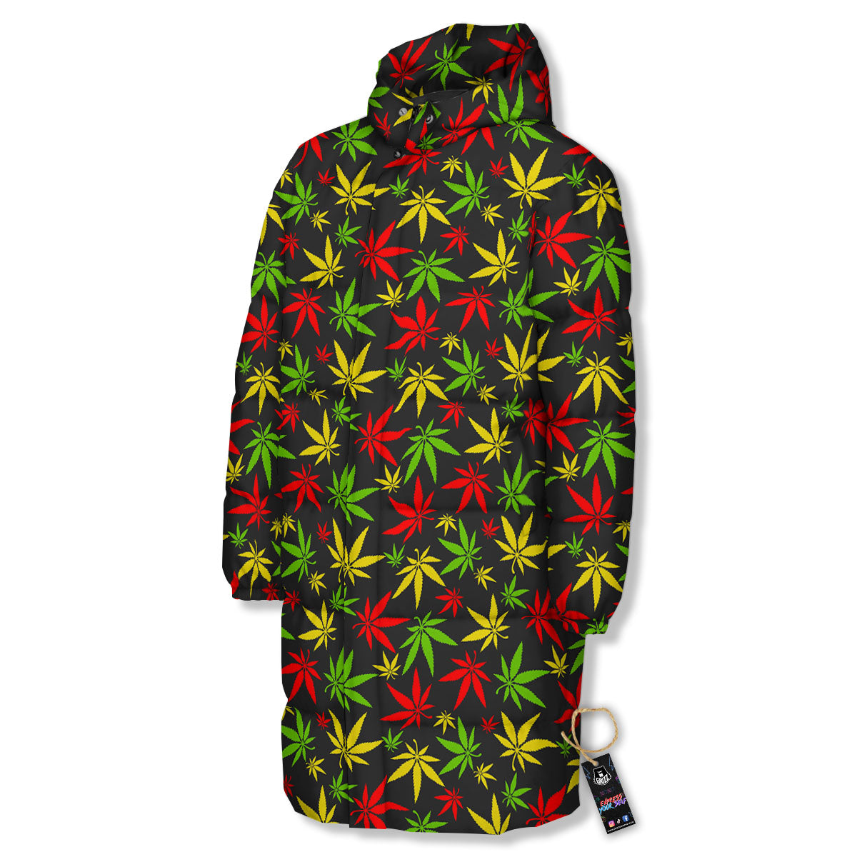 Reggae Hemp Leaf Print Pattern Long Down Jacket-grizzshop