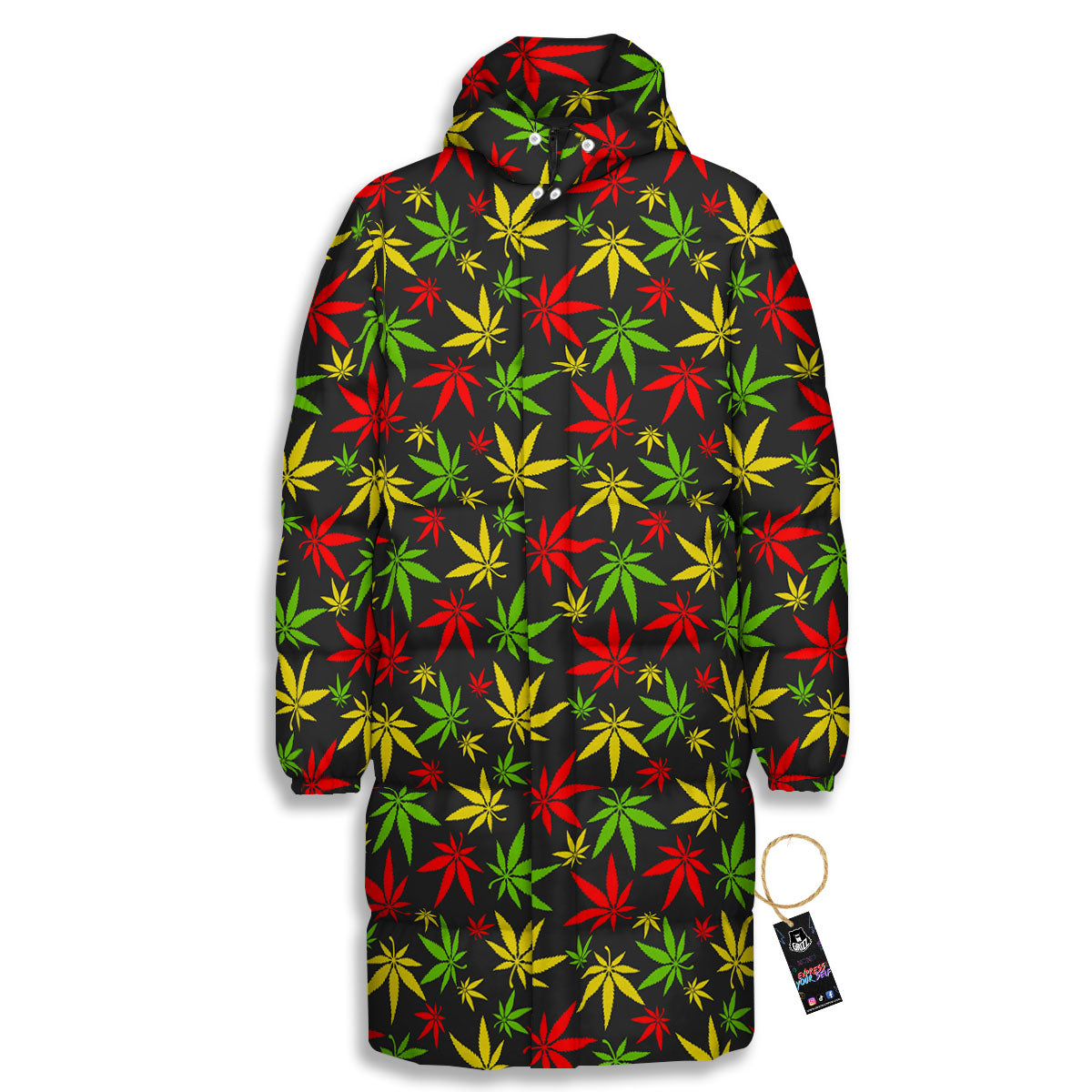 Reggae Hemp Leaf Print Pattern Long Down Jacket-grizzshop