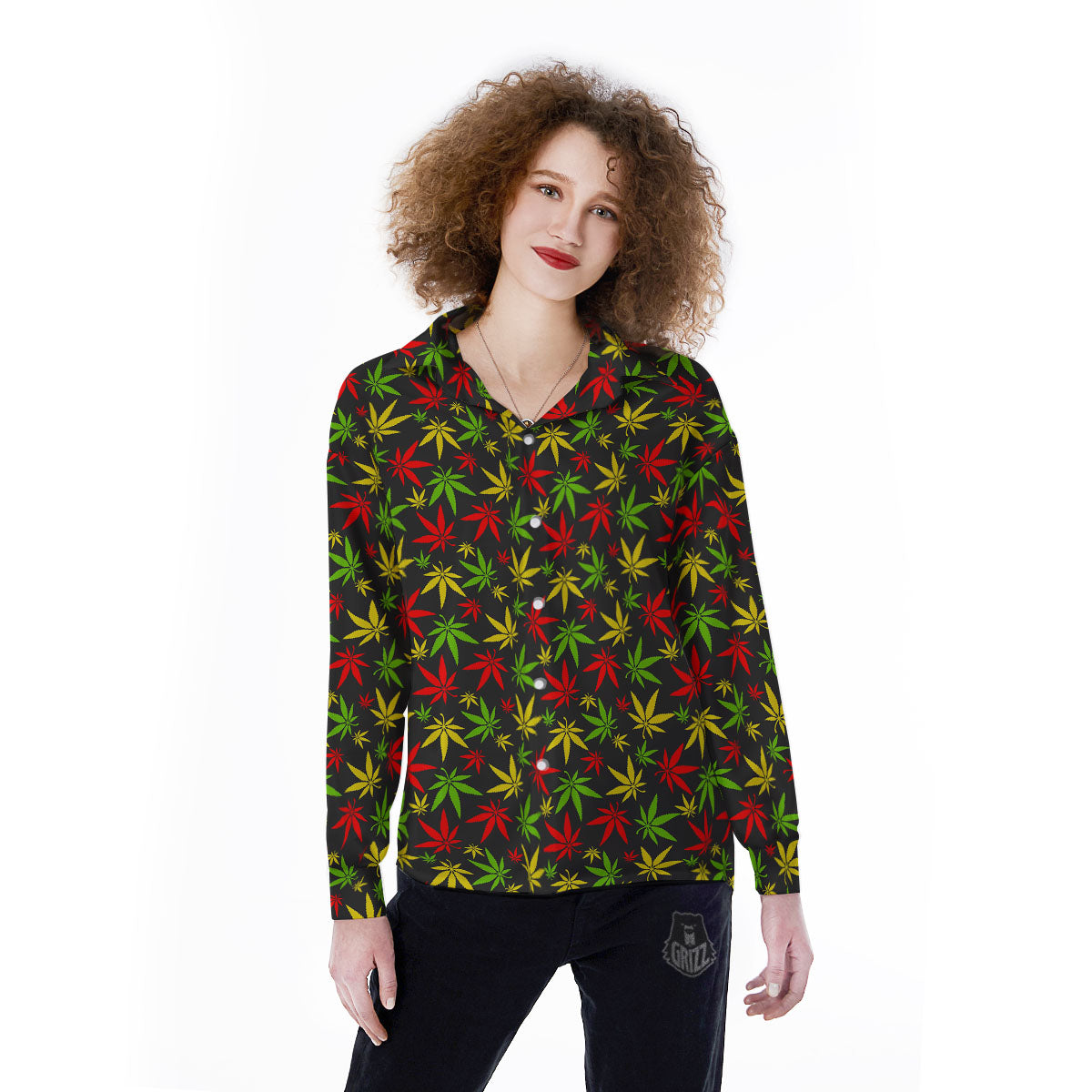 Reggae Hemp Leaf Print Pattern Women's Long Sleeve Shirts-grizzshop