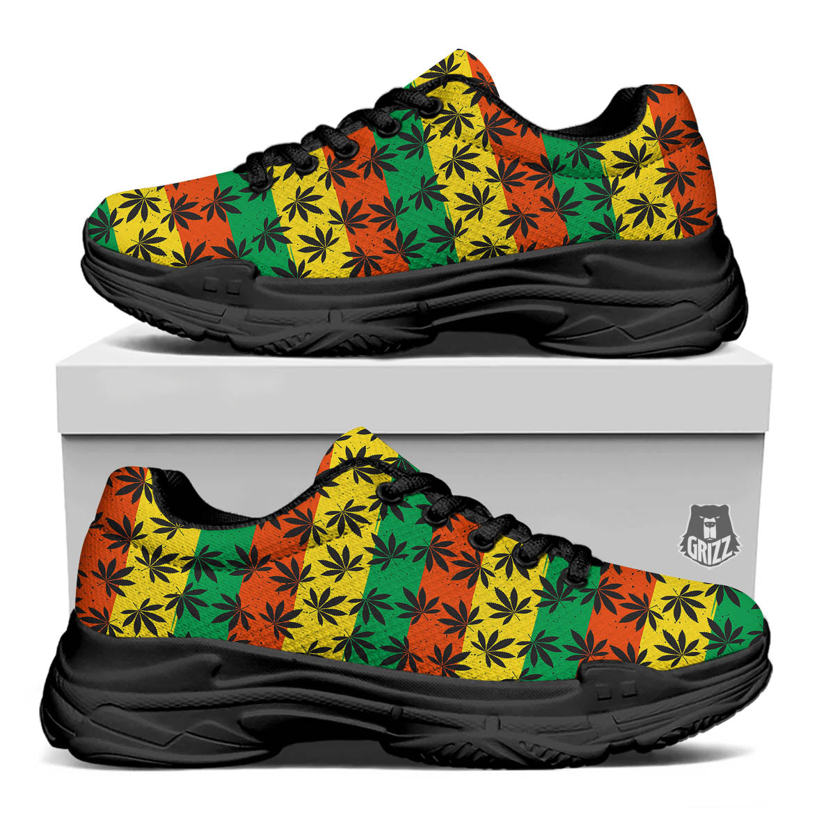 Reggae Hemp Leaves Classic Print Pattern Black Chunky Shoes-grizzshop