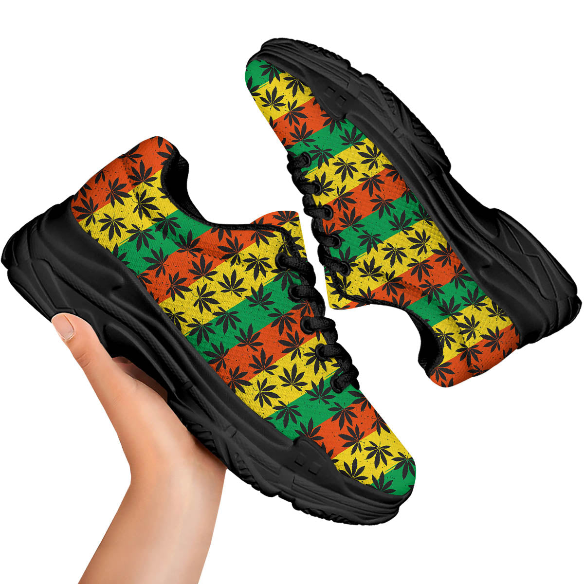 Reggae Hemp Leaves Classic Print Pattern Black Chunky Shoes-grizzshop