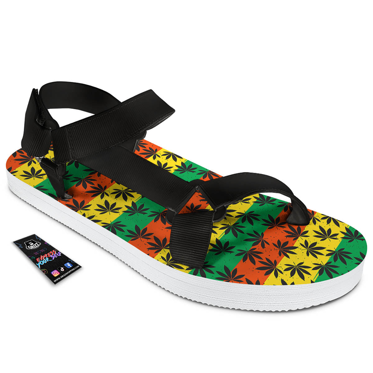 Reggae Hemp Leaves Classic Print Pattern Black Open Toe Sandals-grizzshop